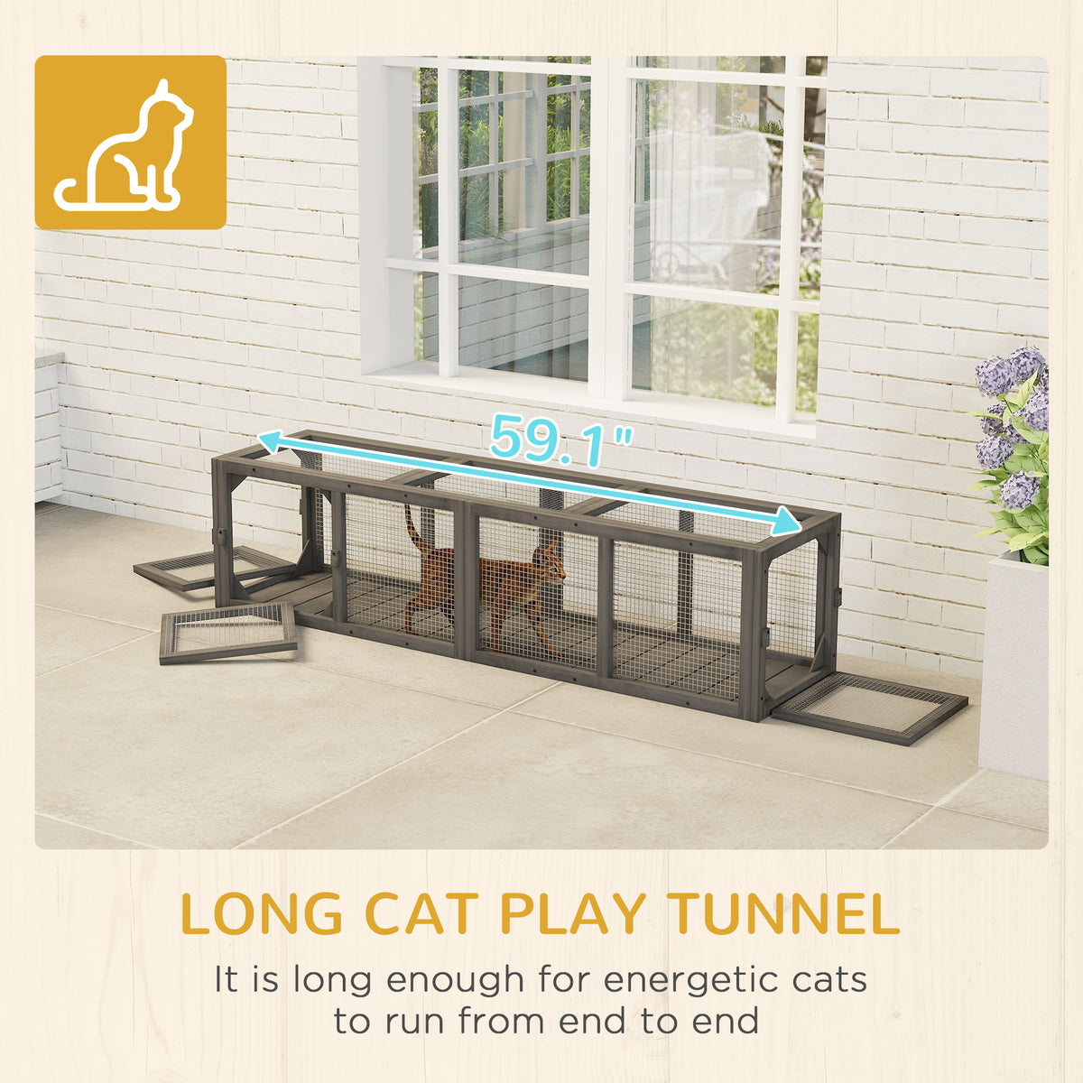Outdoor Cat Tunnel, 59" Wooden Play Cat Enclosure, Extendable Pet Run with 3 Doors for Kitty, Puppy, Gray