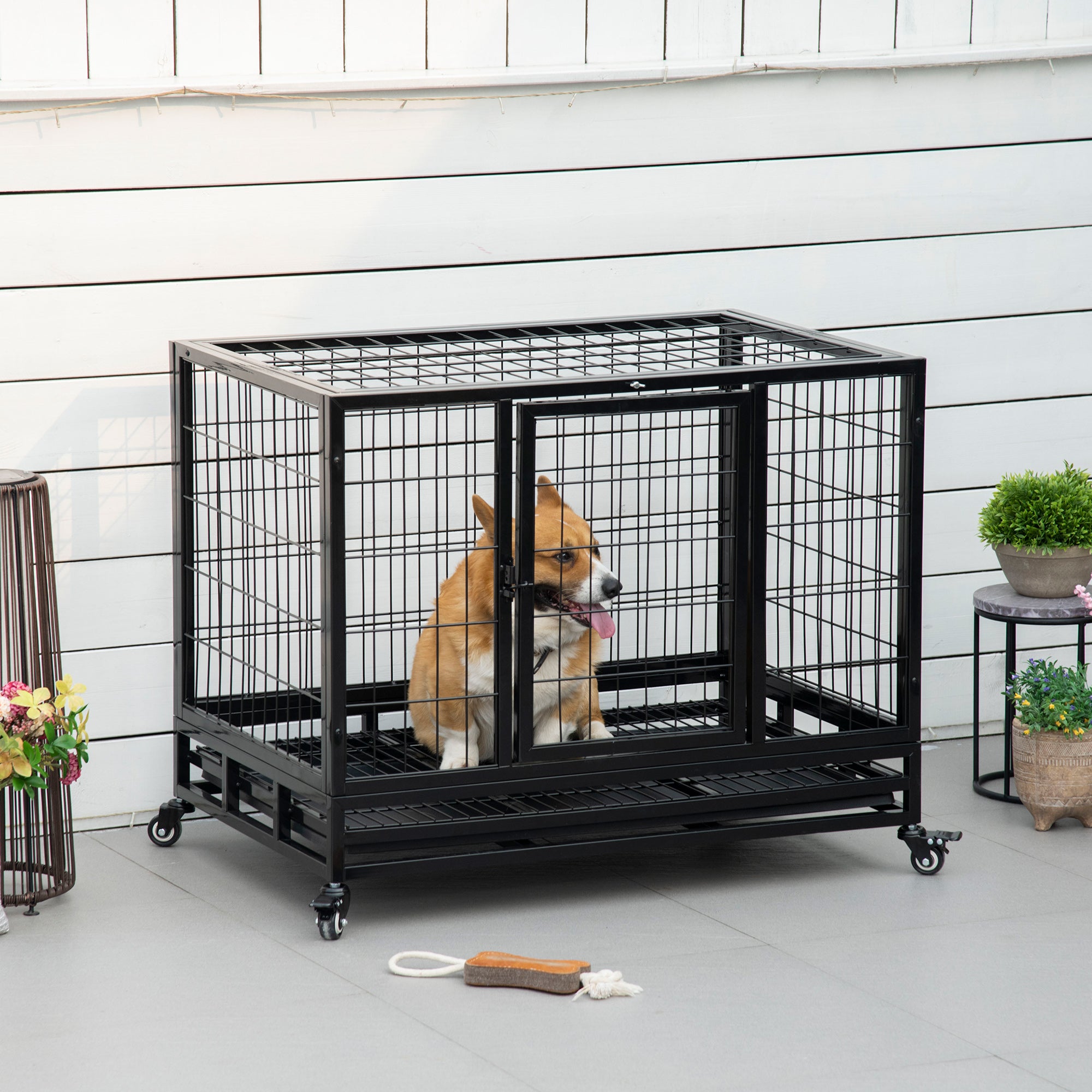 36" Heavy Duty Dog Crate with Removable Tray, Lockable Wheels and Double Door, for Medium and Large Dogs, Black - Black - Image 2