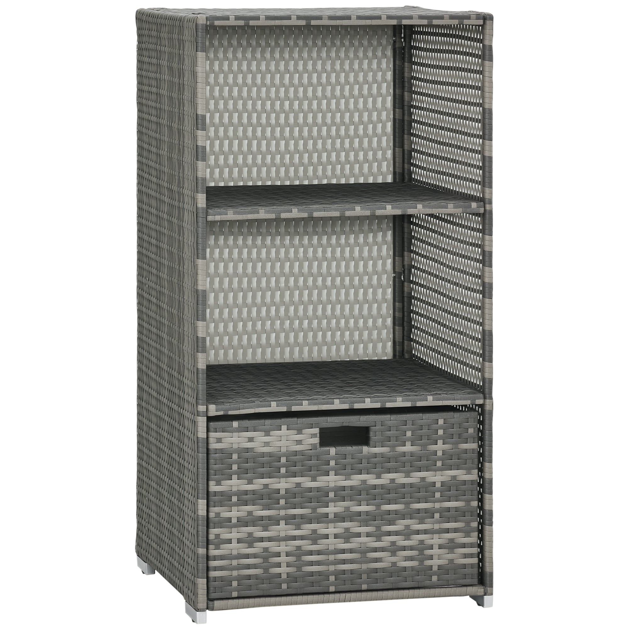 Valet Pool Towel Rack, Waterproof PE Plastic Rattan Wicker Storage Organizer, Indoor Outdoor Spa, and Hot Tub Accessory Storage, 2 Shelves, 1 Basket Drawer, Gray - Gray