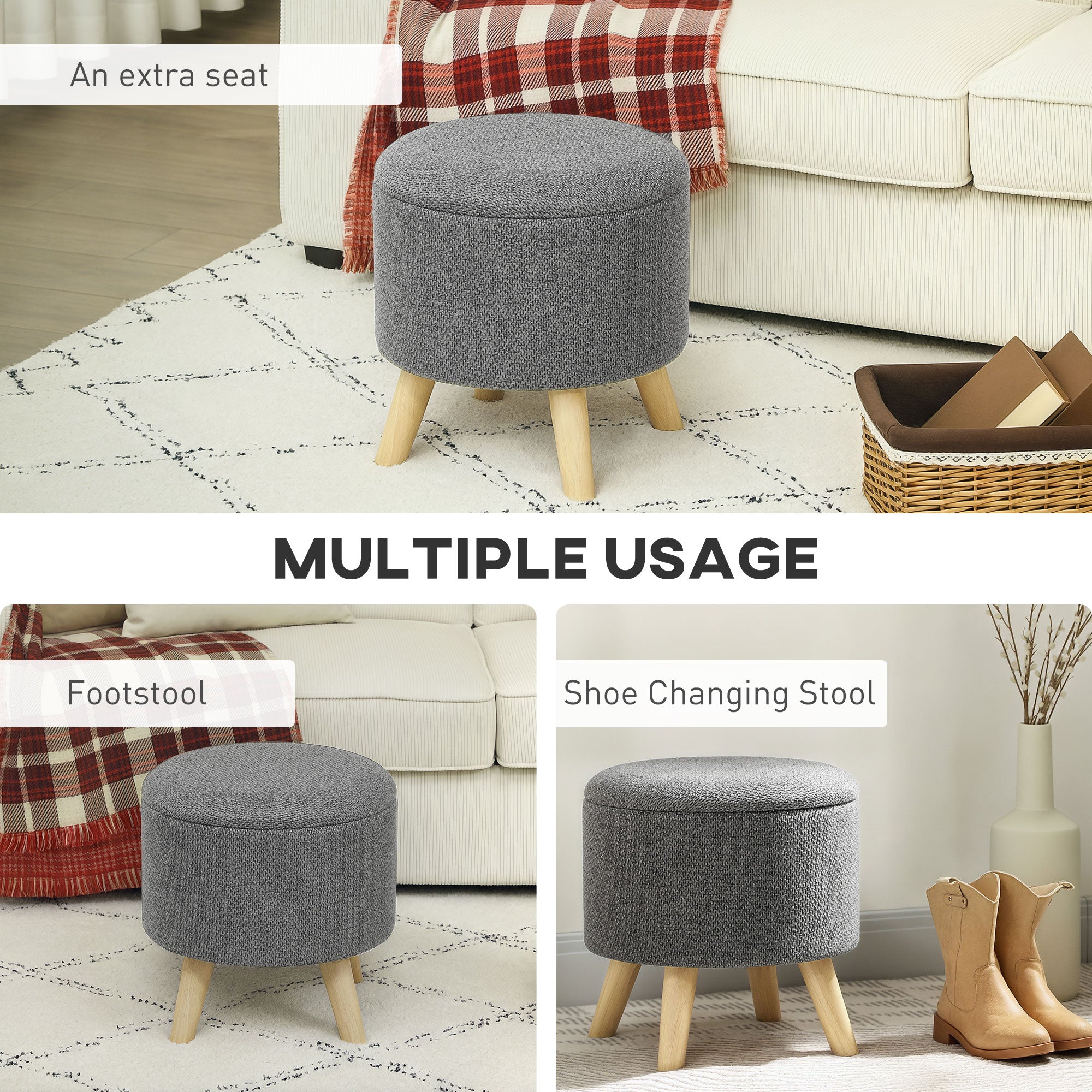 Round Ottoman Stool with Storage, Linen Upholstered Foot Stool with Padded Seat, Hidden Space and Wood Legs, Gray