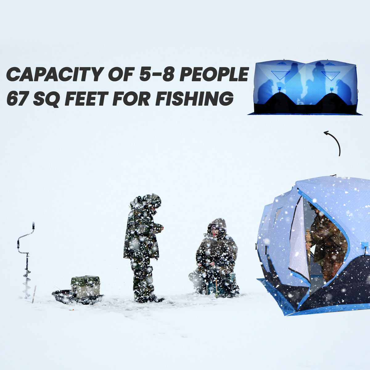 8 Person Ice Fishing Shelter, Pop-Up Ice Shanty Tent, Insulated Portable Tent with 2 Doors & Carrying Bag, Light Blue