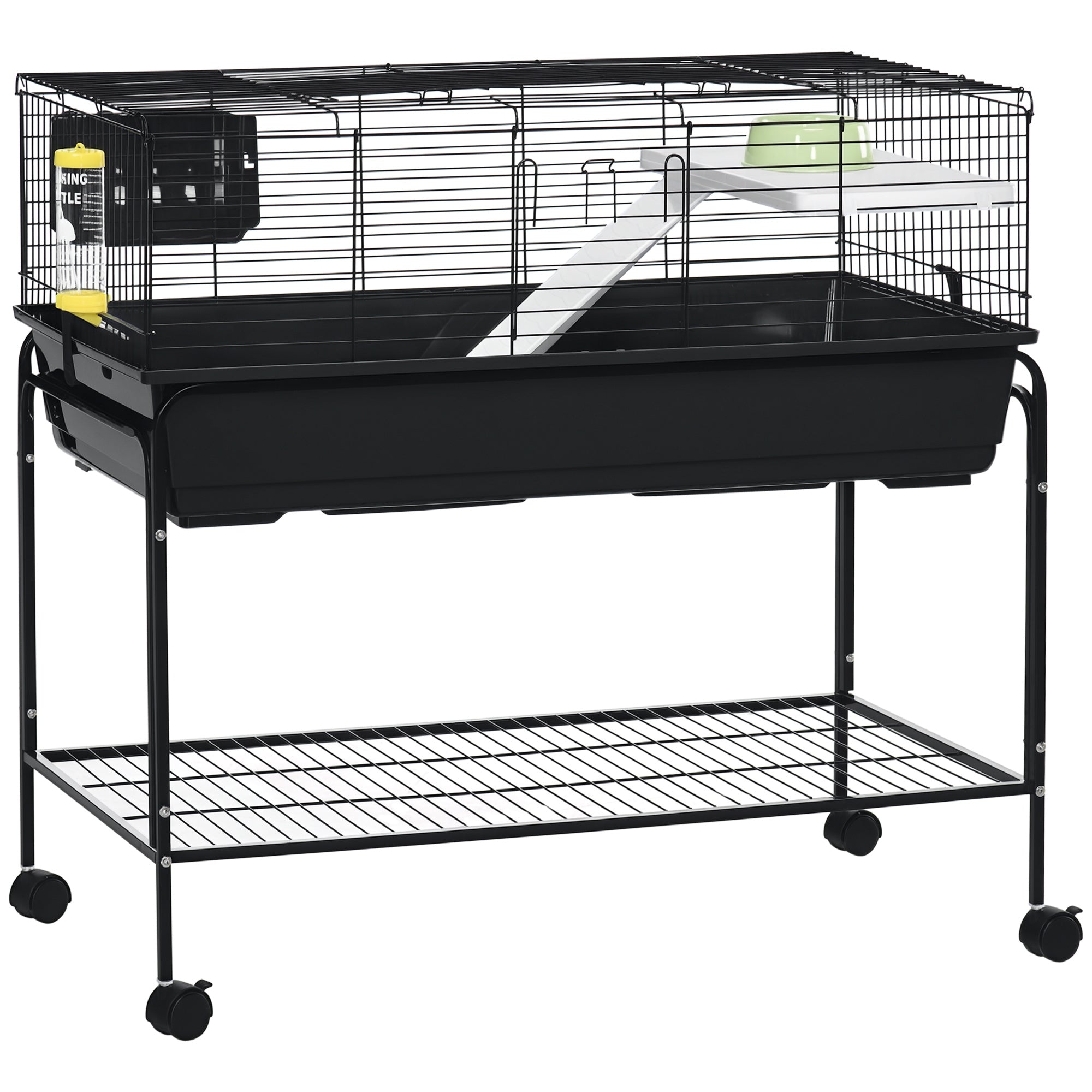 Two-Story Small Animal Cage Removable from Stand, Guinea Pig Cage with Shelf & Wheels, Pet Habitat for Hedgehog, Chinchilla, Ferret, 39" x 20.5" x 36.5", Black - Grey