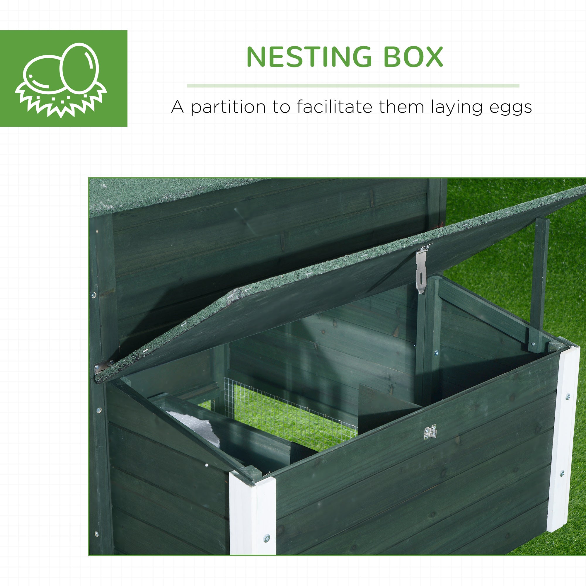 84" Wooden Chicken Coop, Hen House Outdoor with Run Nesting Box, Asphalt Roof, Removable Tray, Ramp, Poultry Cage for 2-3 Chickens, Green - Green - Image 6
