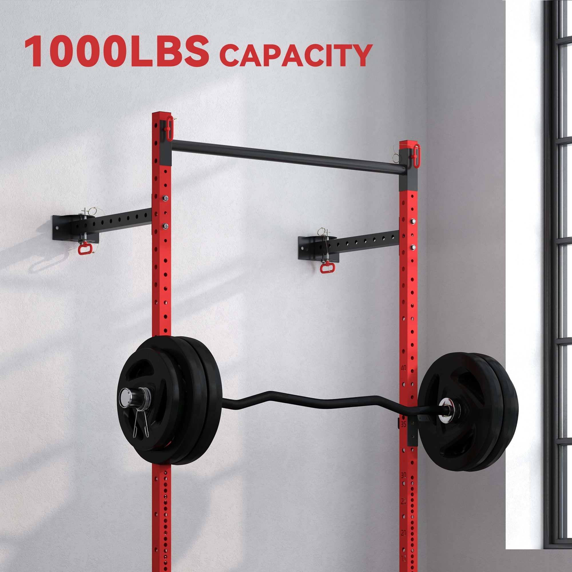 Folding Squat Rack with Pull Up Bar, Wall Mounted and Adjustable, 1000 Pounds Capacity Power Rack, Red