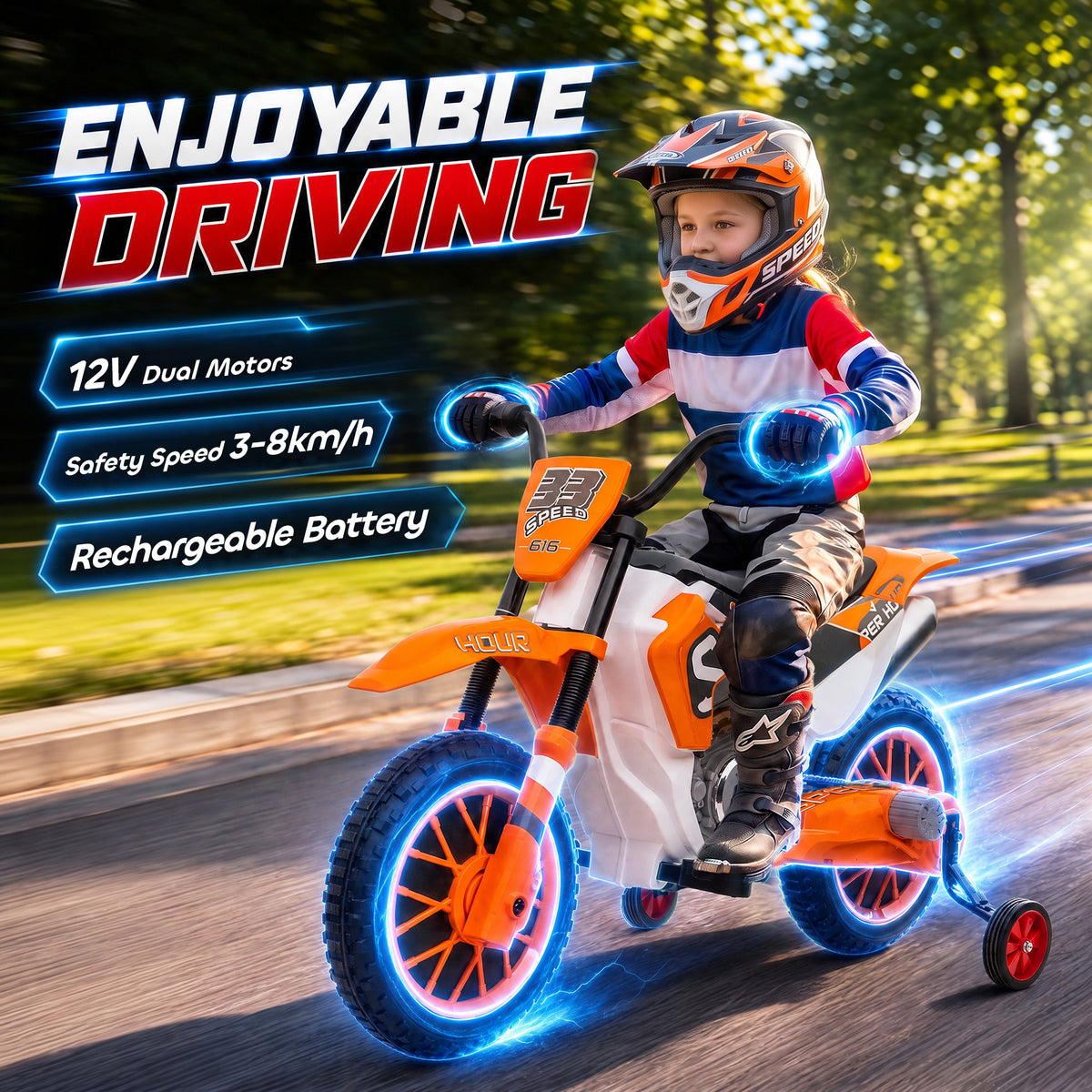 12V Kids Motorcycle with Dual Motors, Training Wheels, Rear Suspension, Soft Start, Max Speed 5 MPH, Ages 3-6, Orange