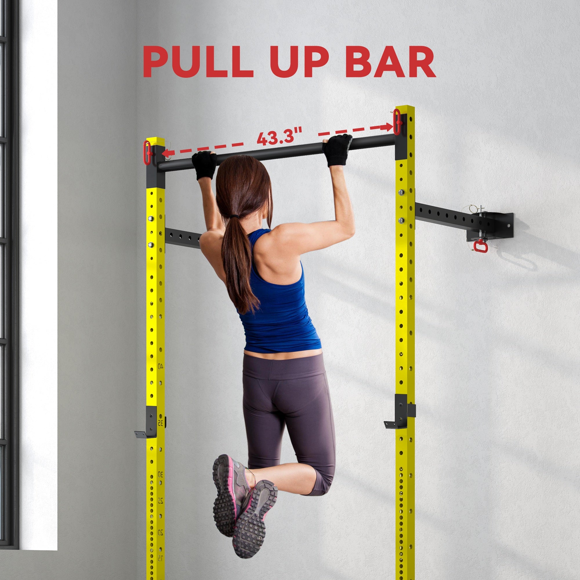 Folding Squat Rack with Pull Up Bar, Wall Mounted and Adjustable, 1000 Pounds Capacity Power Rack, Yellow