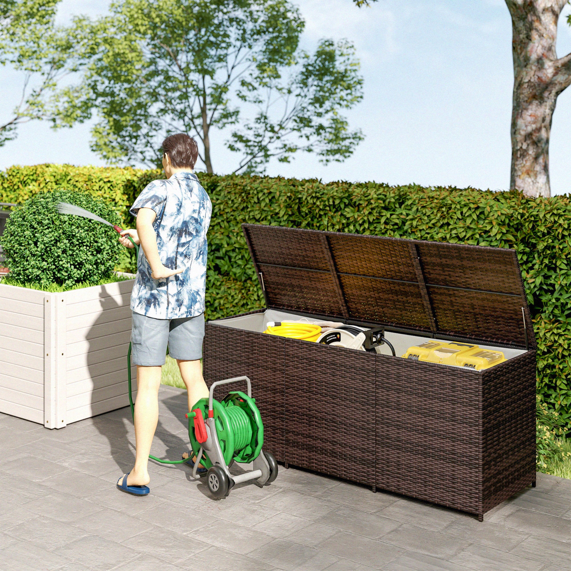 175 Gallon Outdoor Storage Box with Inner Liner, PE Rattan Wicker Deck Box with Pneumatic Bar Lift, Mixed Brown - Brown - Image 2