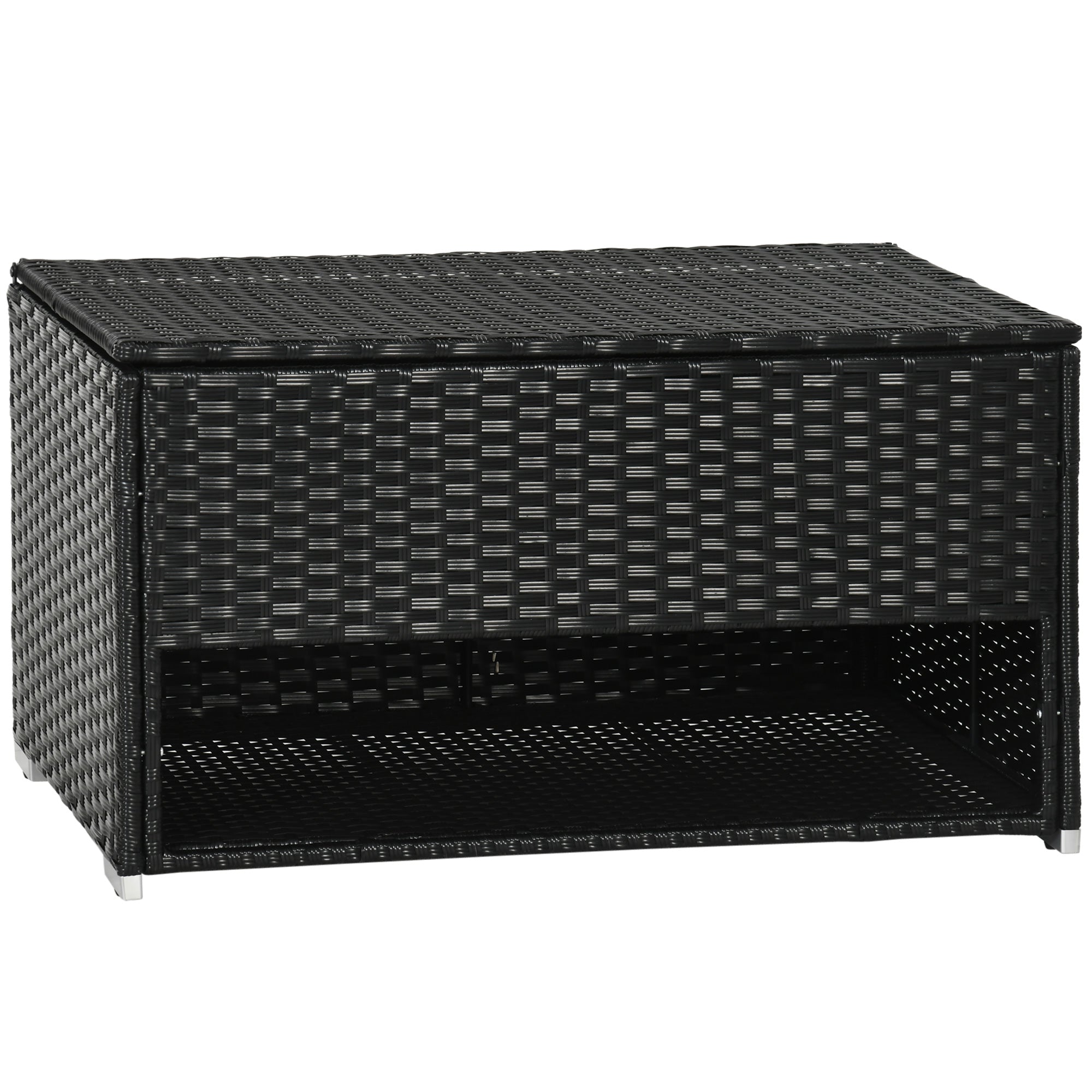 Outdoor Deck Box & Shoe Storage, PE Rattan Wicker Towel Rack with Liner for Indoor, Outdoor, Patio Furniture Cushions, Pool, Garden Tools, Black - Black