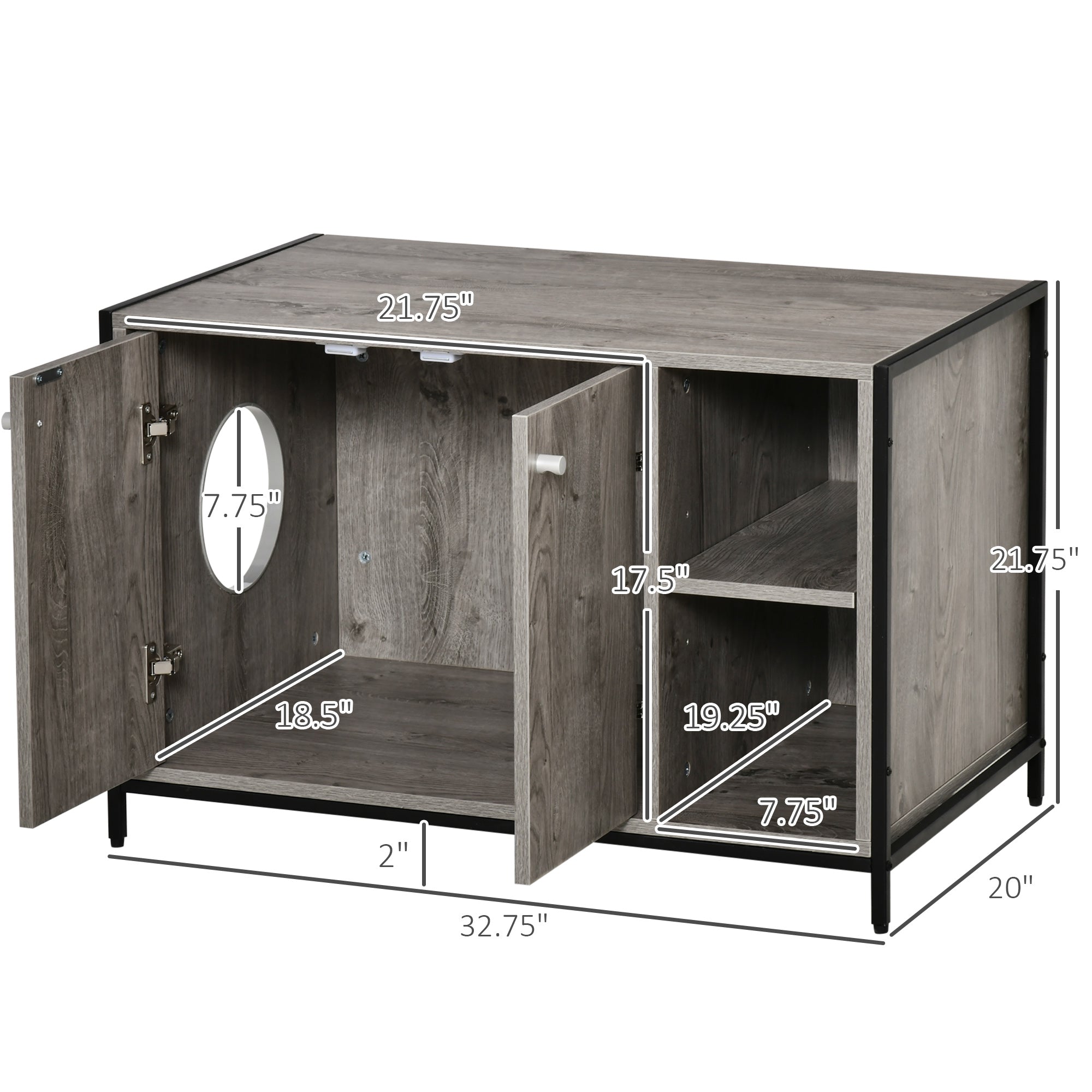 Large Wooden & Steel Cat Litter Box Enclosure, Kitten Washroom End Table, Indoor Hidden Cat House with Magnetic Doors & Storage Shelves, Gray - Grey - Image 3