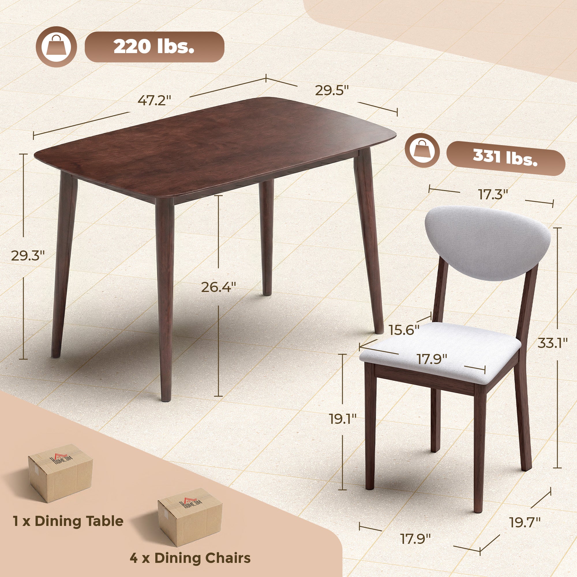 5-Piece Dining Table Set for 4, Mid-Century Modern Kitchen Table and Chairs, Light Gray
