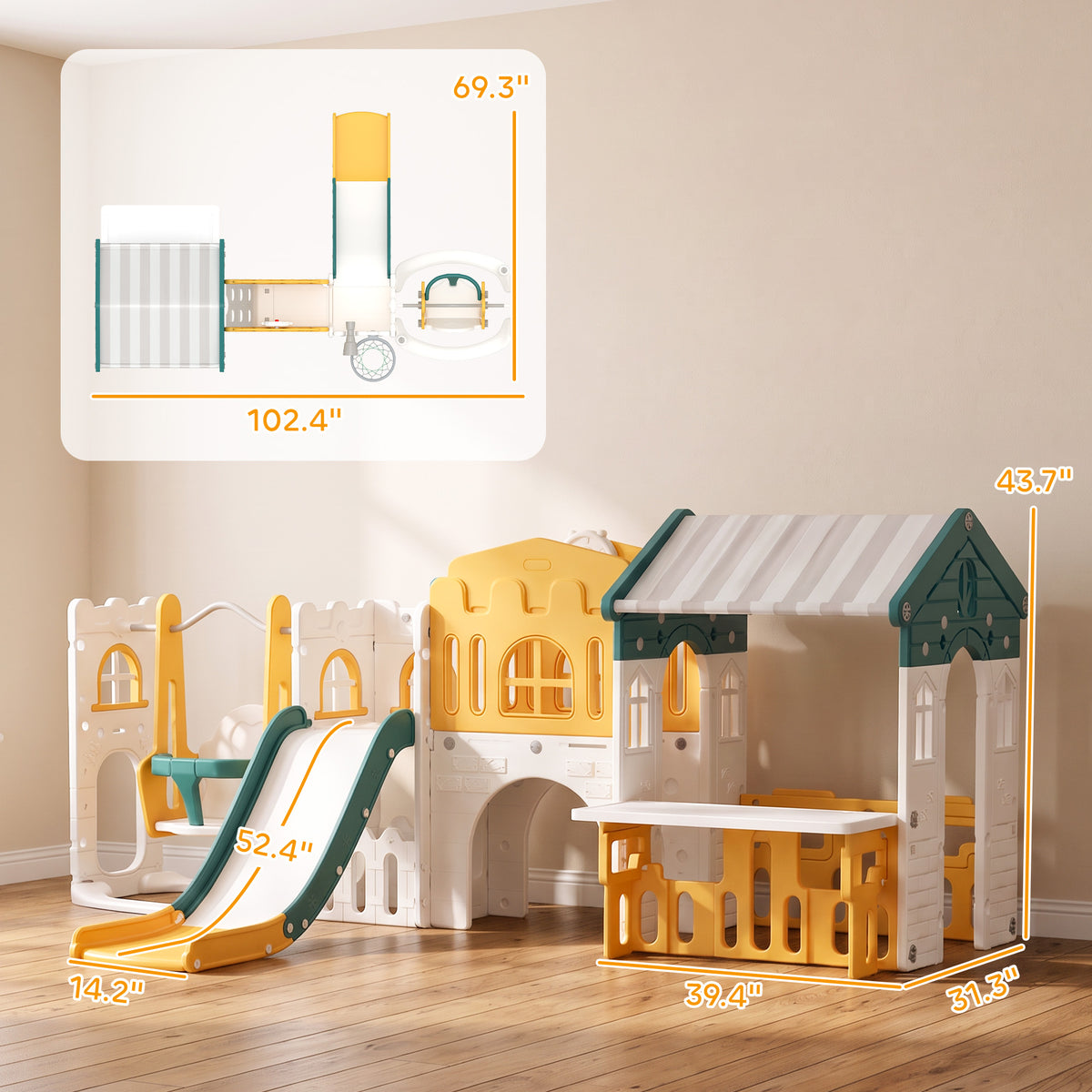 11 in 1 Toddler Slide and Swing Set w/ Playhouse, Kids Slide Playset Indoor Playground for 1-4 Years, Yellow