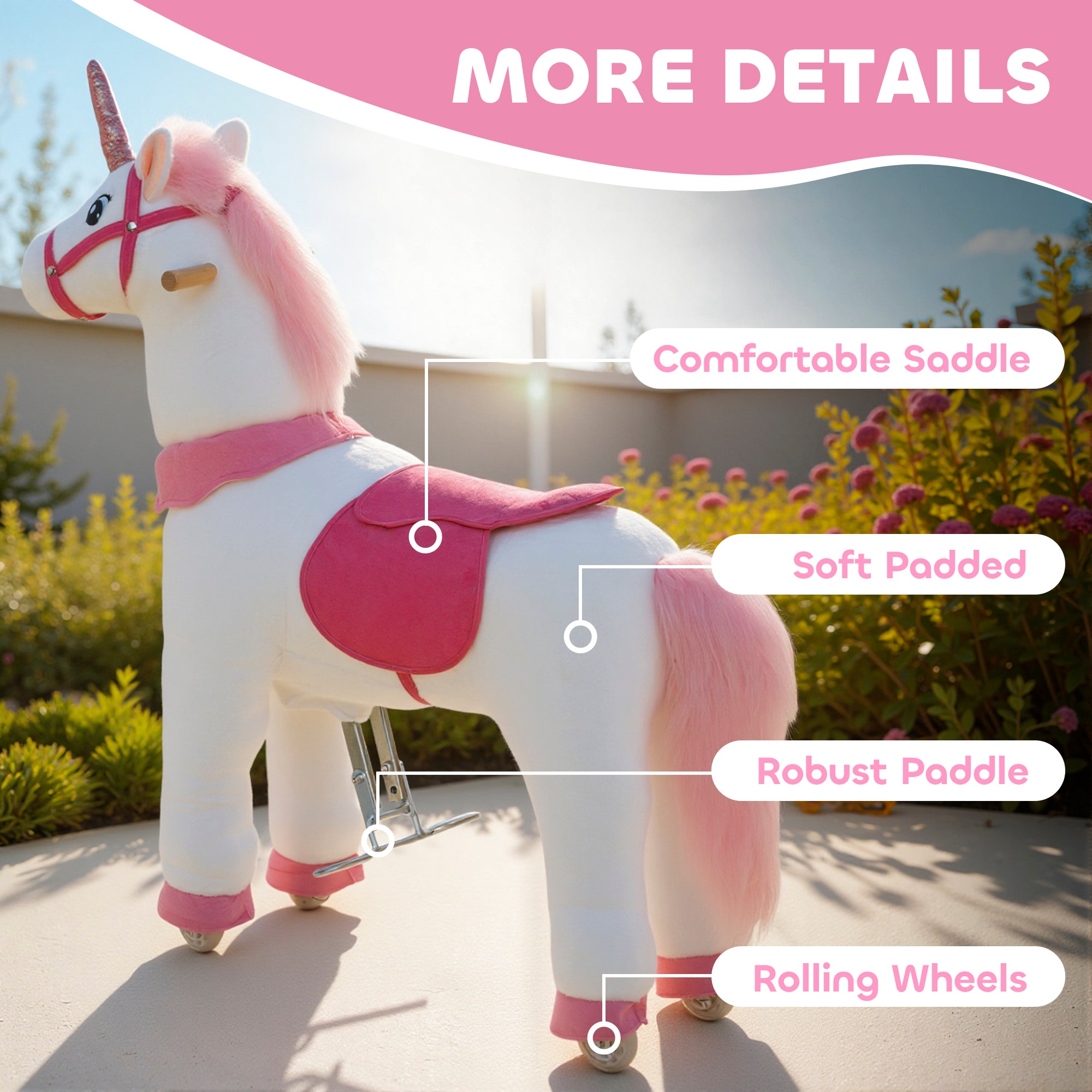 Ride on Unicorn Toy for Kids 4-7 Years, 37.8 Inch Plush Baby Rocking Horse with Wheels, No Battery Required, White
