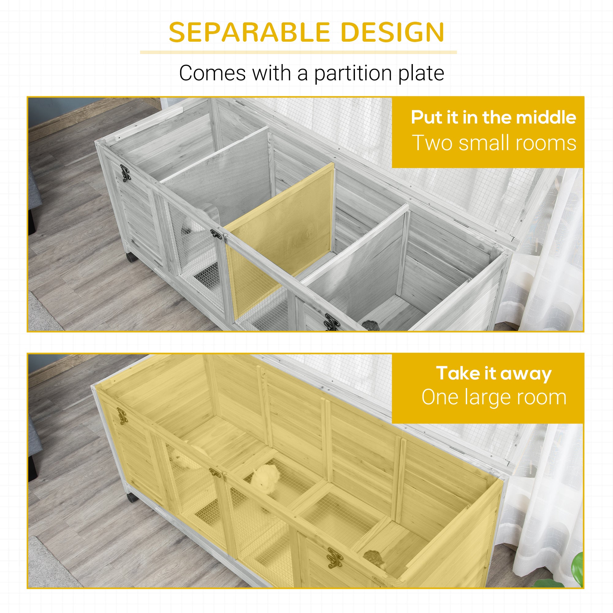 Wooden Rabbit Hutch with Wheels, Dividers for Indoor Use, Light Gray - Gray - Image 6