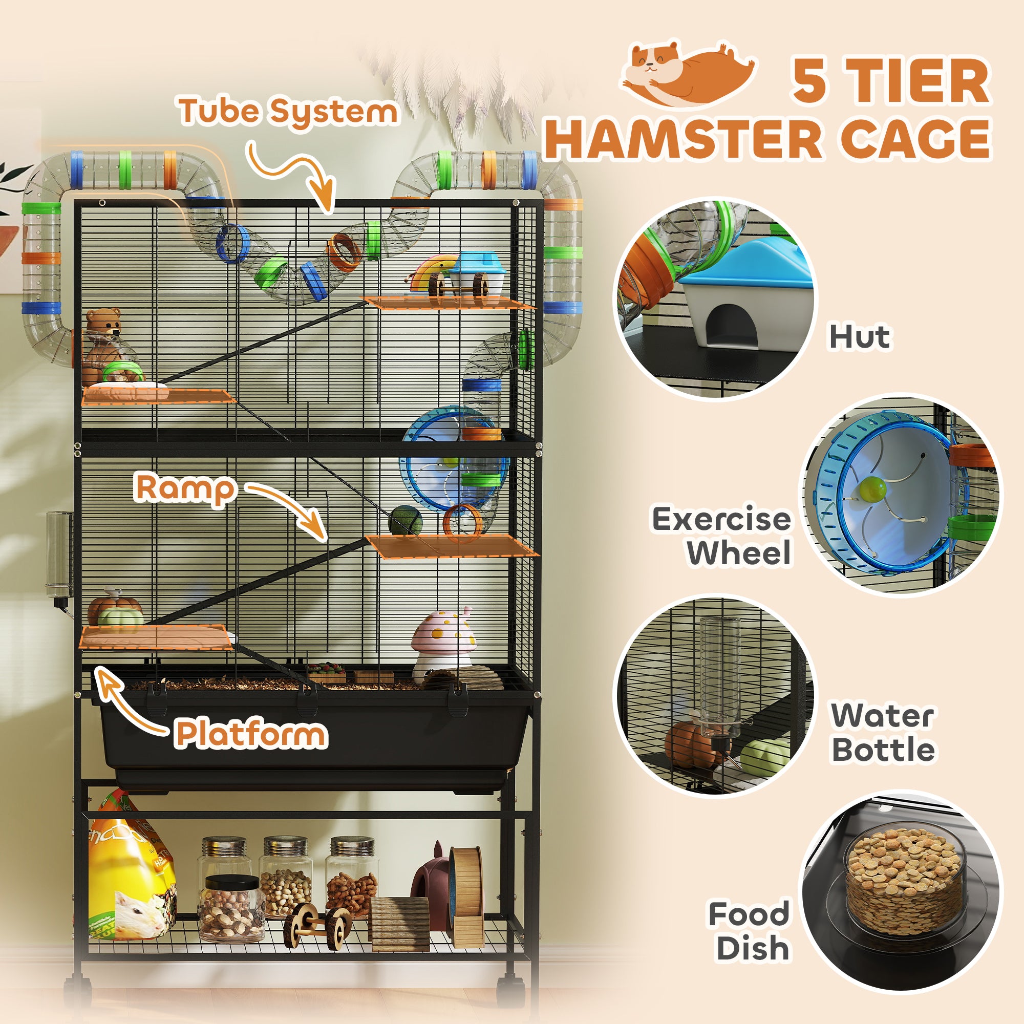 5 Tier Hamster Cage, Rolling Rat Cage with Deep Tray, Storage Shelf, Big Exercise Wheel, Hut, Tube System - Black - Image 5