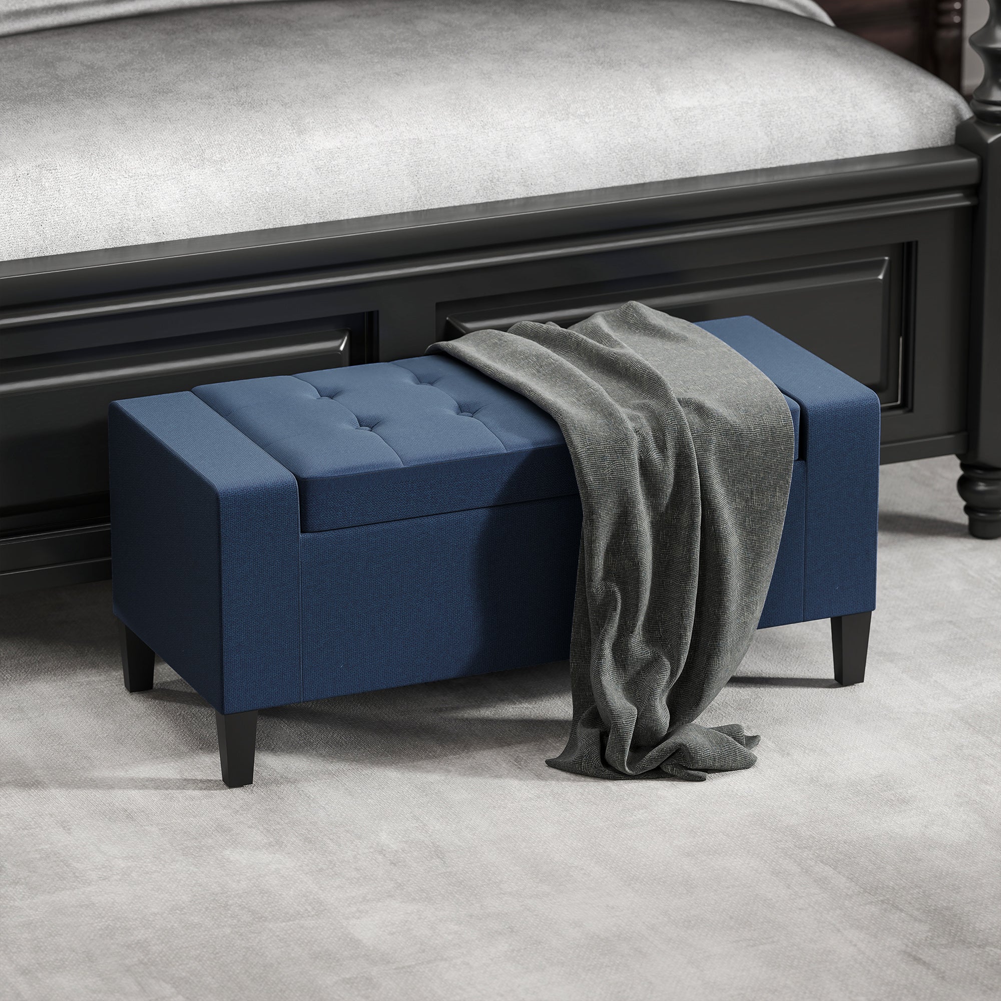 Upholstered Storage Ottoman Bench, Button Tufted Ottoman with Hidden Storage, Lift Top for Living Room, Dark Blue