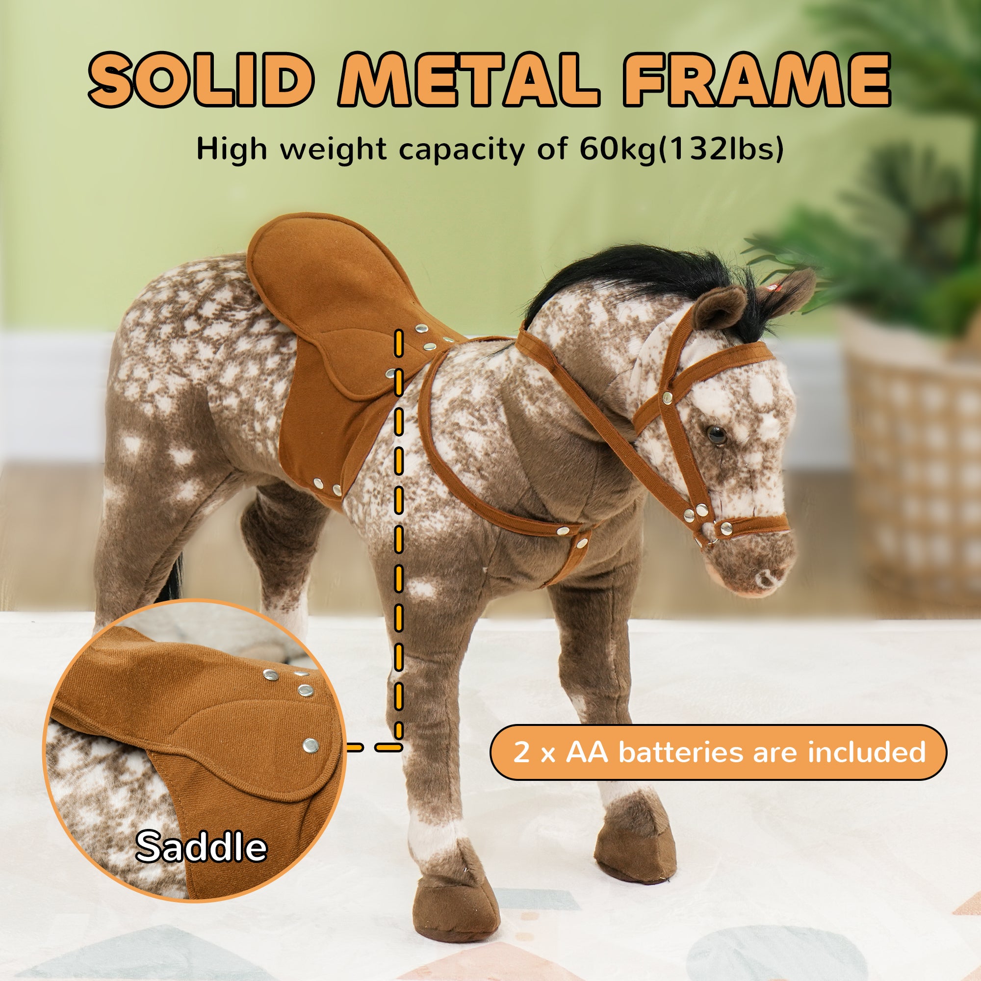 Kids Ride on Horse with Neighing Sound, Saddle for Ages 3-8