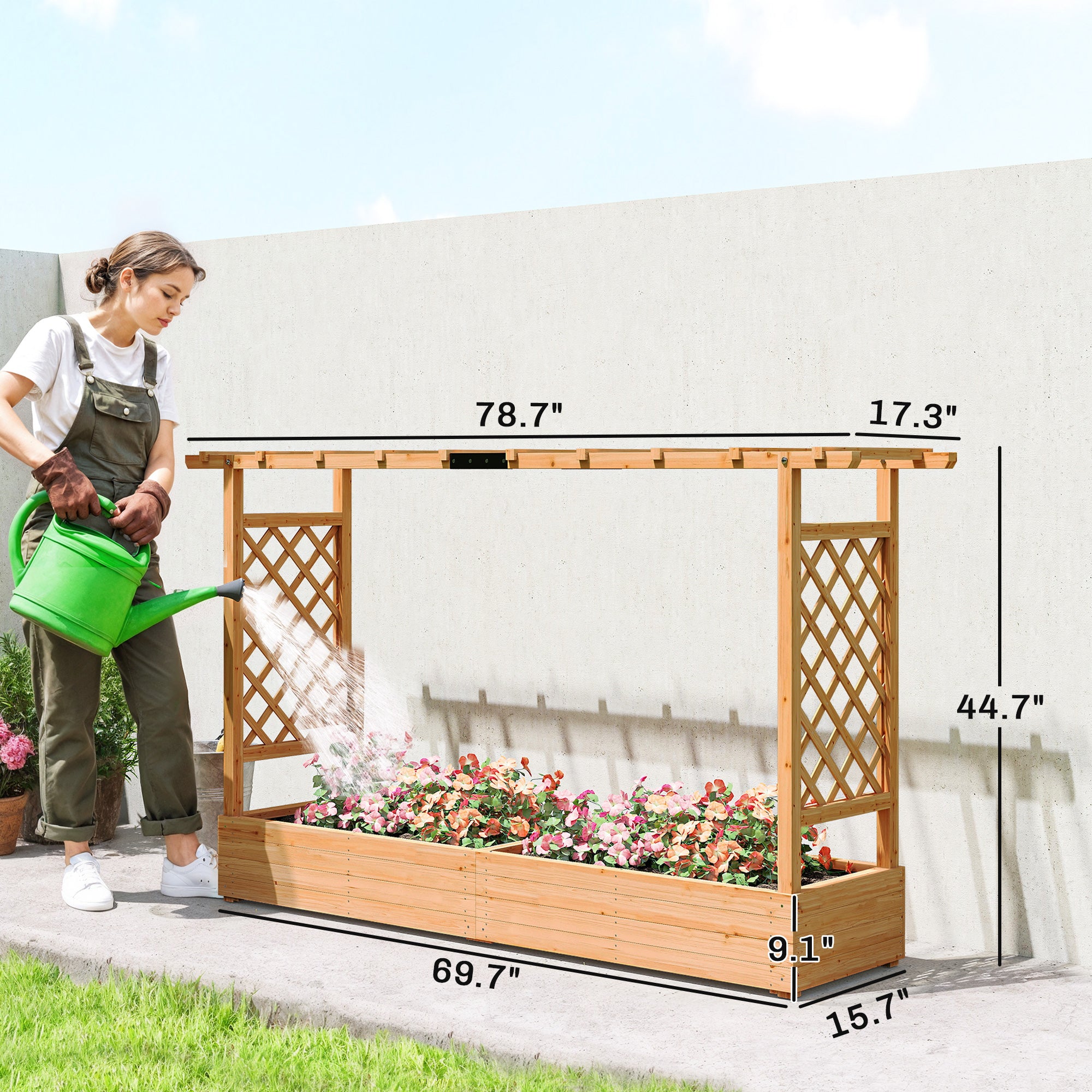 Wooden Planter Box with Trellis, Hanging Roof and Drainage Holes for Climbing Plants, Vegetables, Herbs and Flowers - Natural Wood - Image 3