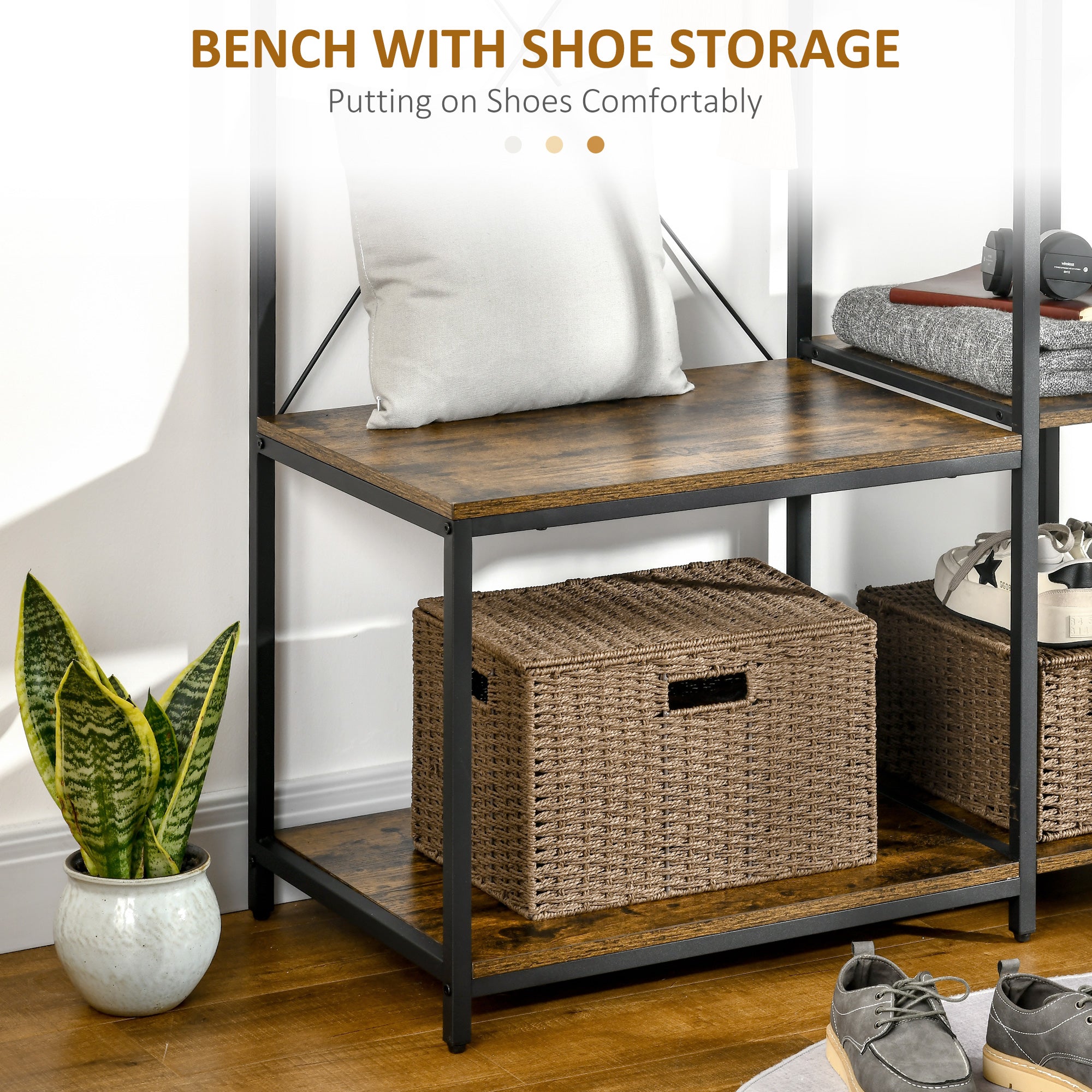 Industrial Hall Tree with Side Storage Shelves, Entryway Bench with Coat Rack, Freestanding Coat Tree with Shoe Storage and Hooks, Rustic Brown