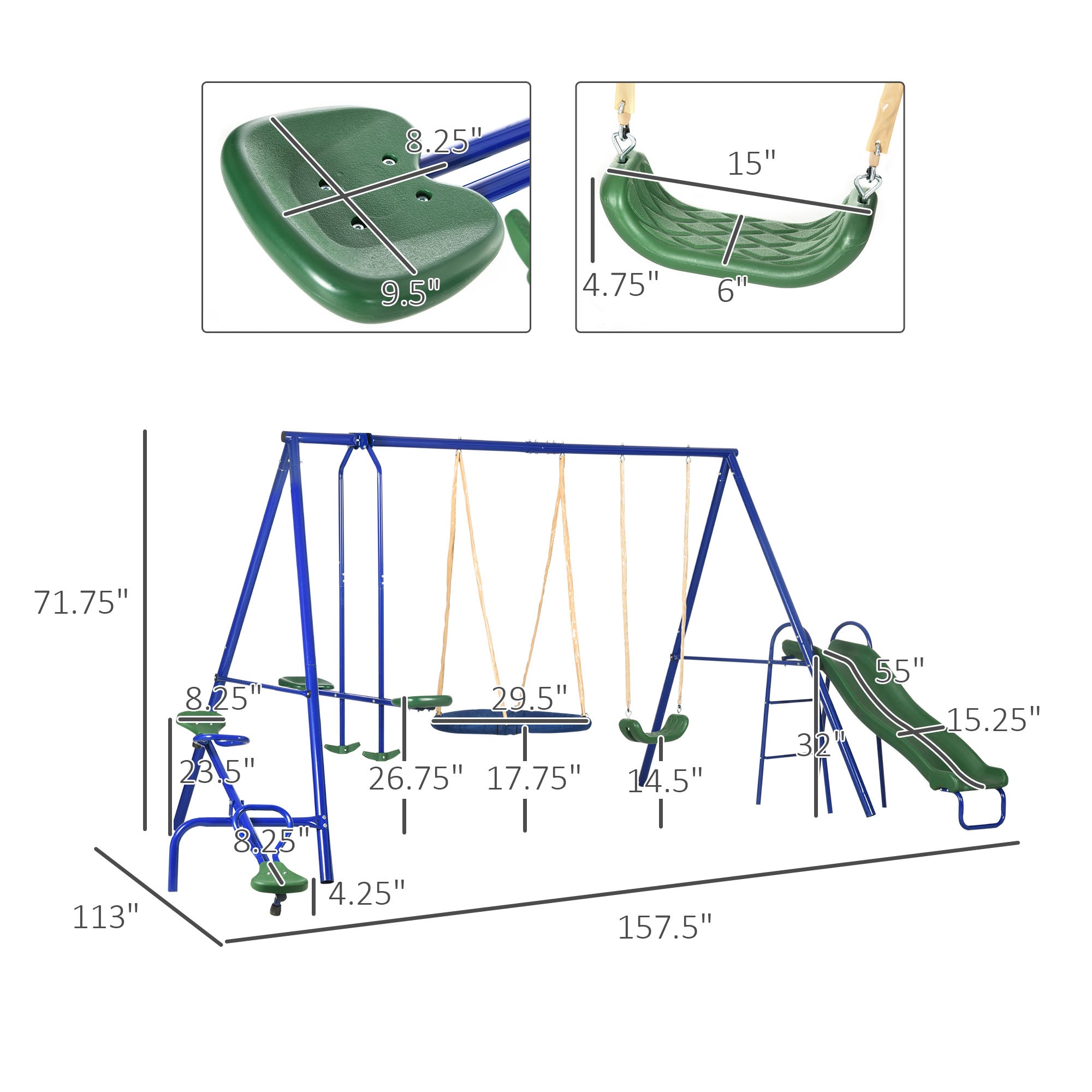Swing Set for Backyard, 5 in 1 Outdoor Playset for Kids with Heavy-Duty A-Frame Stand, 29.5" Saucer Swing, Slide, Teeter-Totter, Glider, 693 Lbs Load, Blue