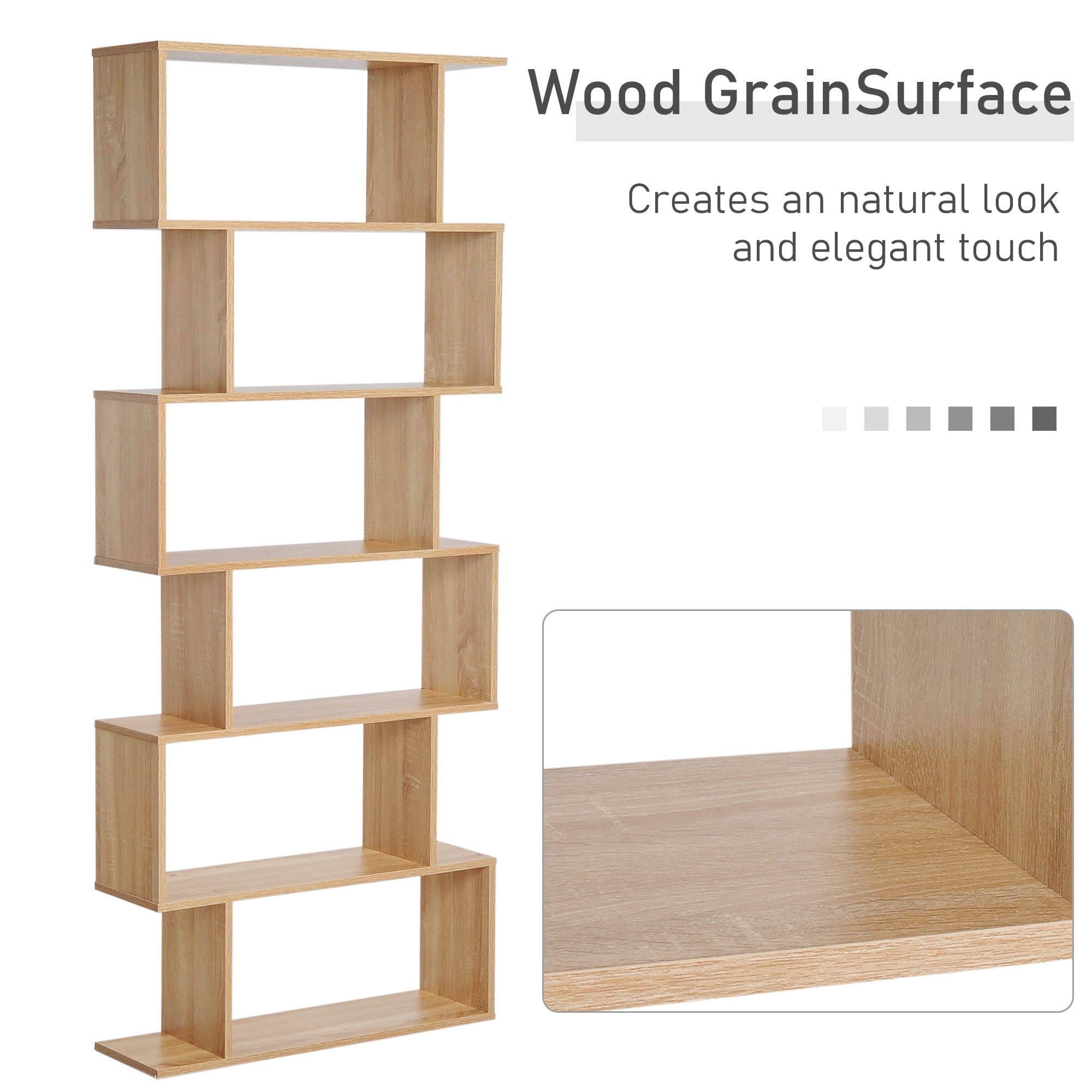 75.5" H Bookcase 6 Shelf S-Shaped Bookshelf Wooden Storage Display Stand Shelf Organizer Free Standing, Oak