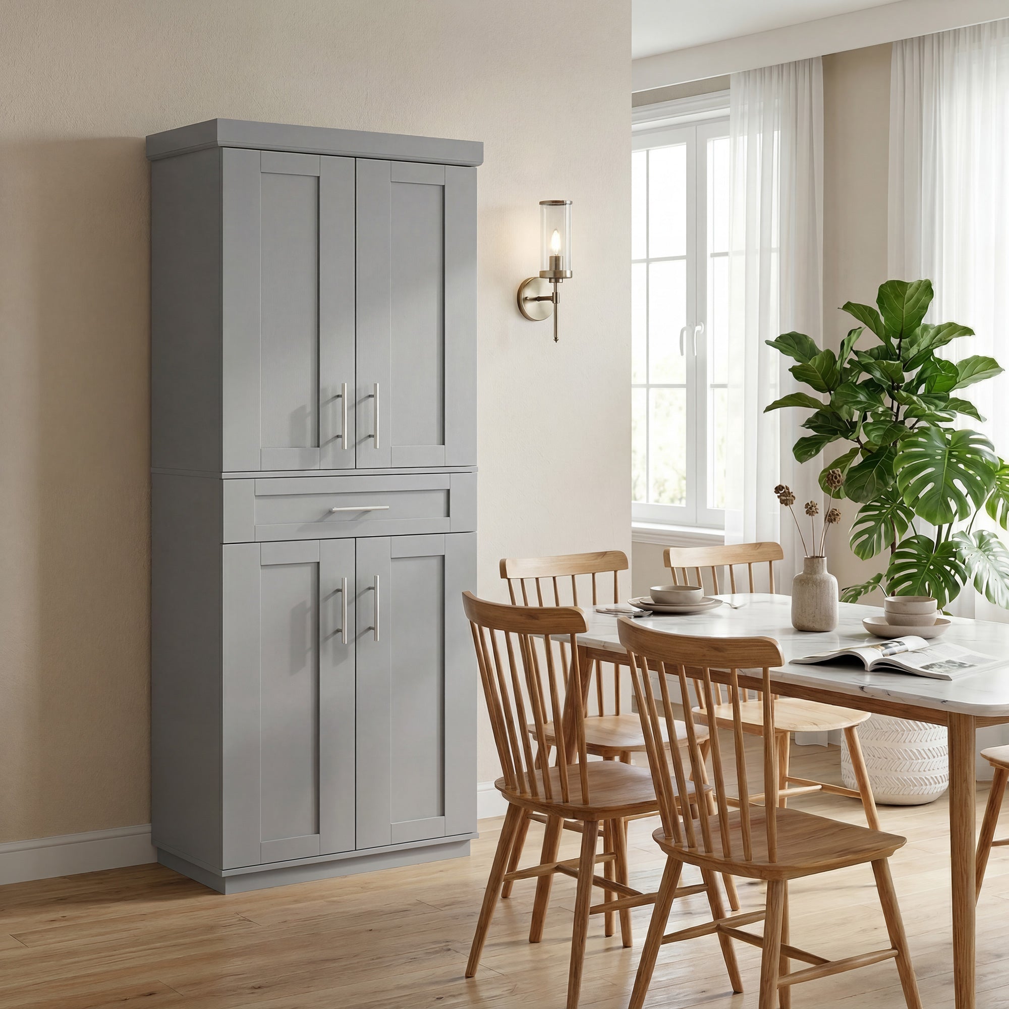 Modern Kitchen Pantry Freestanding Cabinet Cupboard with Doors and Drawer, Adjustable Shelving, Gray