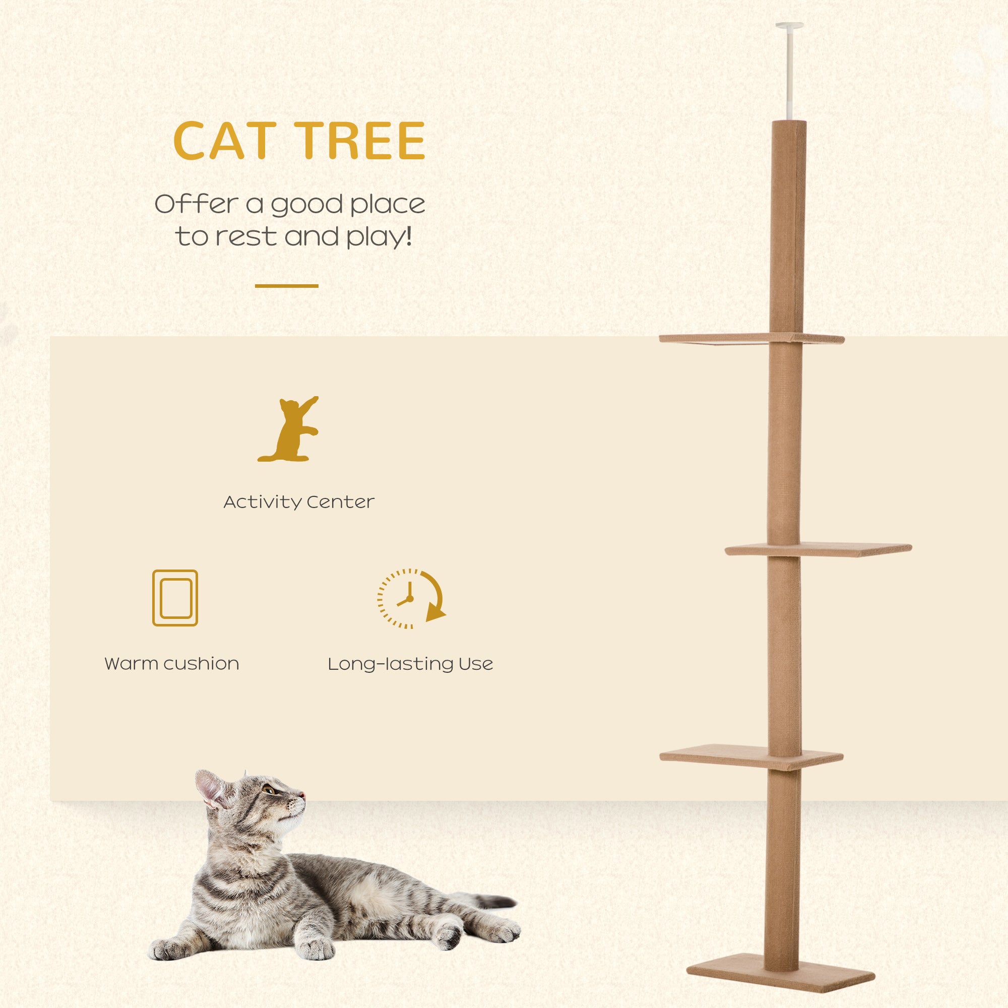 Floor-to-Ceiling Cat Tree Cat Climbing Tower with Sisal-Covered Scratching Posts Natural Cat Tree Activity Center for Kittens Cat Tower Furniture, Brown - Brown - Image 4