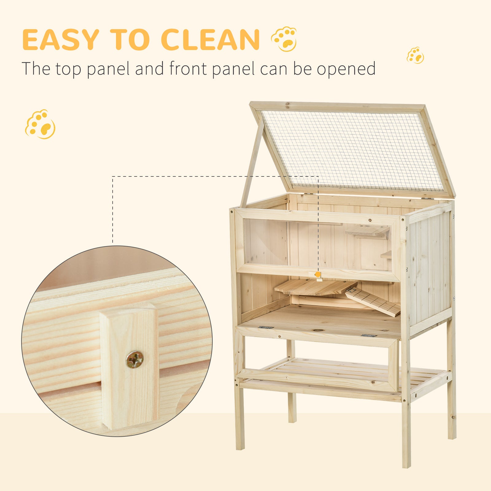 3-Tier Wooden Hamster Cage Mice and Rat Cage Small Animals Hutch with Openable Top, Front Door, Shelf, Natural Wood - Natural Wood - Image 5