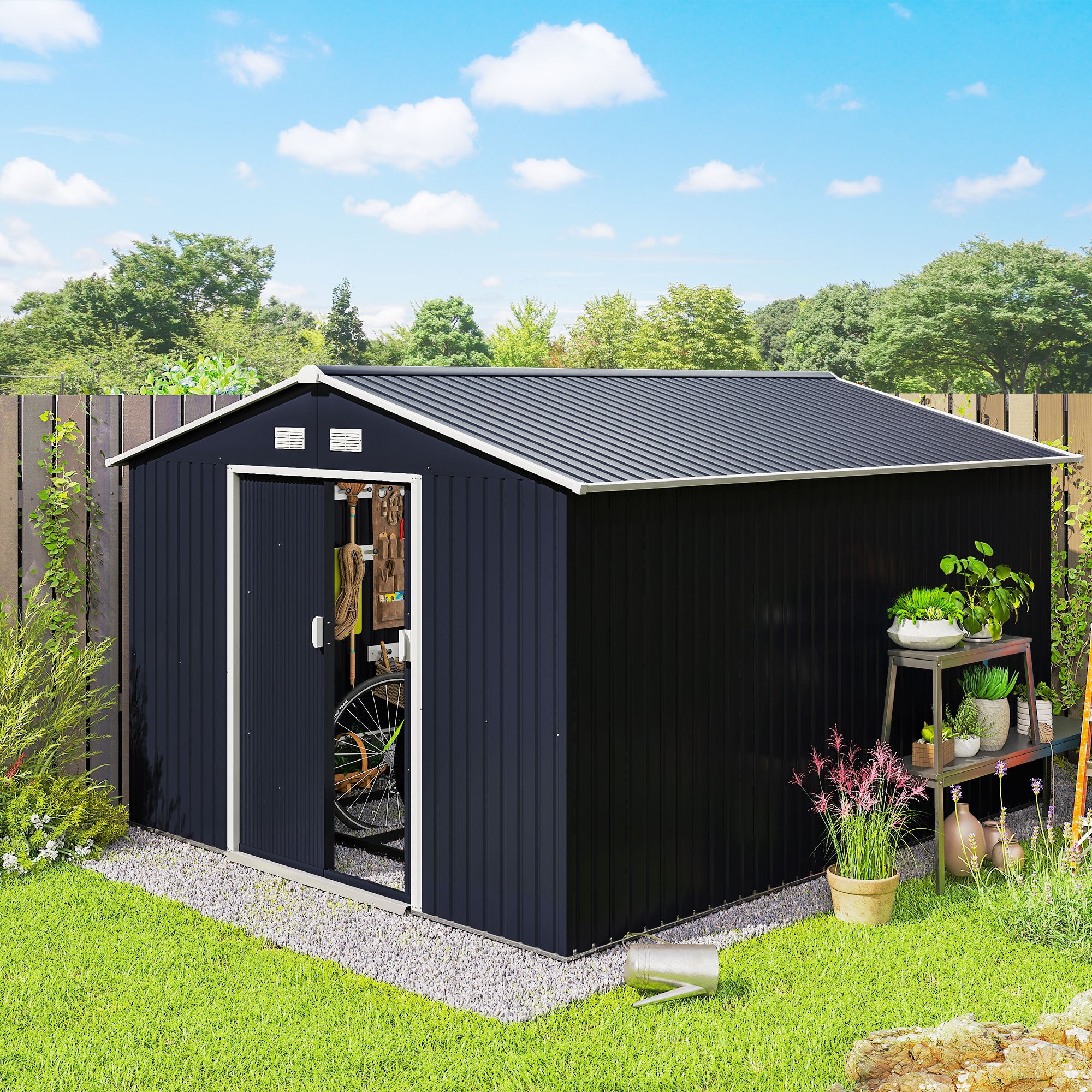 11' x 9' Outdoor Storage Shed, Garden Tool Metal Shed with Foundation Kit, Double Lockable Door, Air Vents and Sloping Roof, for Backyard, Patio, Lawn, Dark Gray - Dark Gray - Image 2