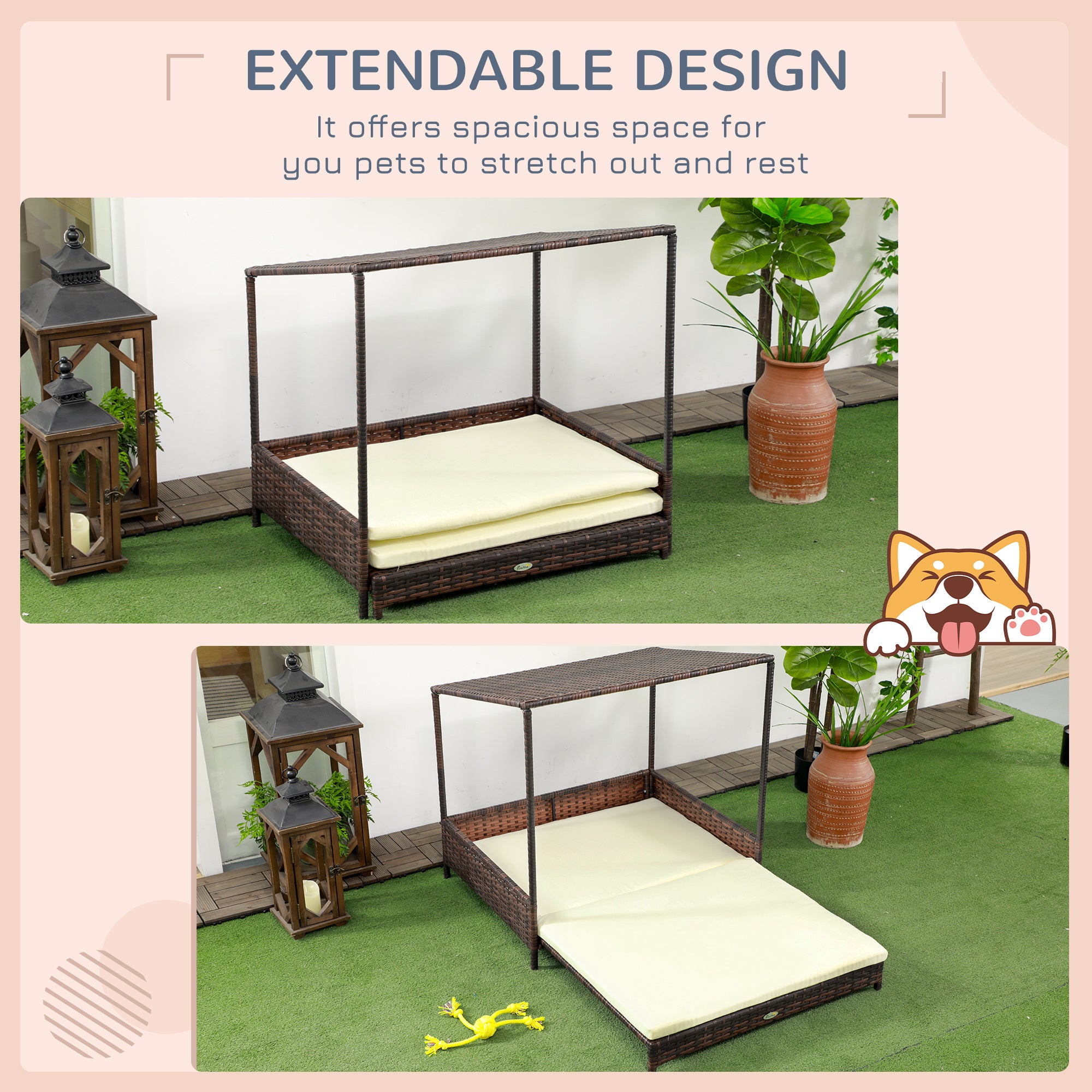 Outdoor Dog Bed, Extendable Wicker Dog Bed with Roof, Soft Cushion for Small and Medium Dogs, Mixed-Brown - Mixed-brown - Image 4