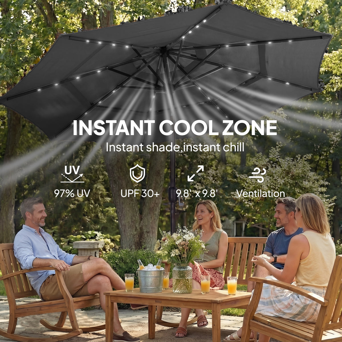 9.7 ft Outdoor Patio Umbrella with Solar LED Lights, 3 Tier Outdoor Table Umbrella with Tilt, Crank, Black
