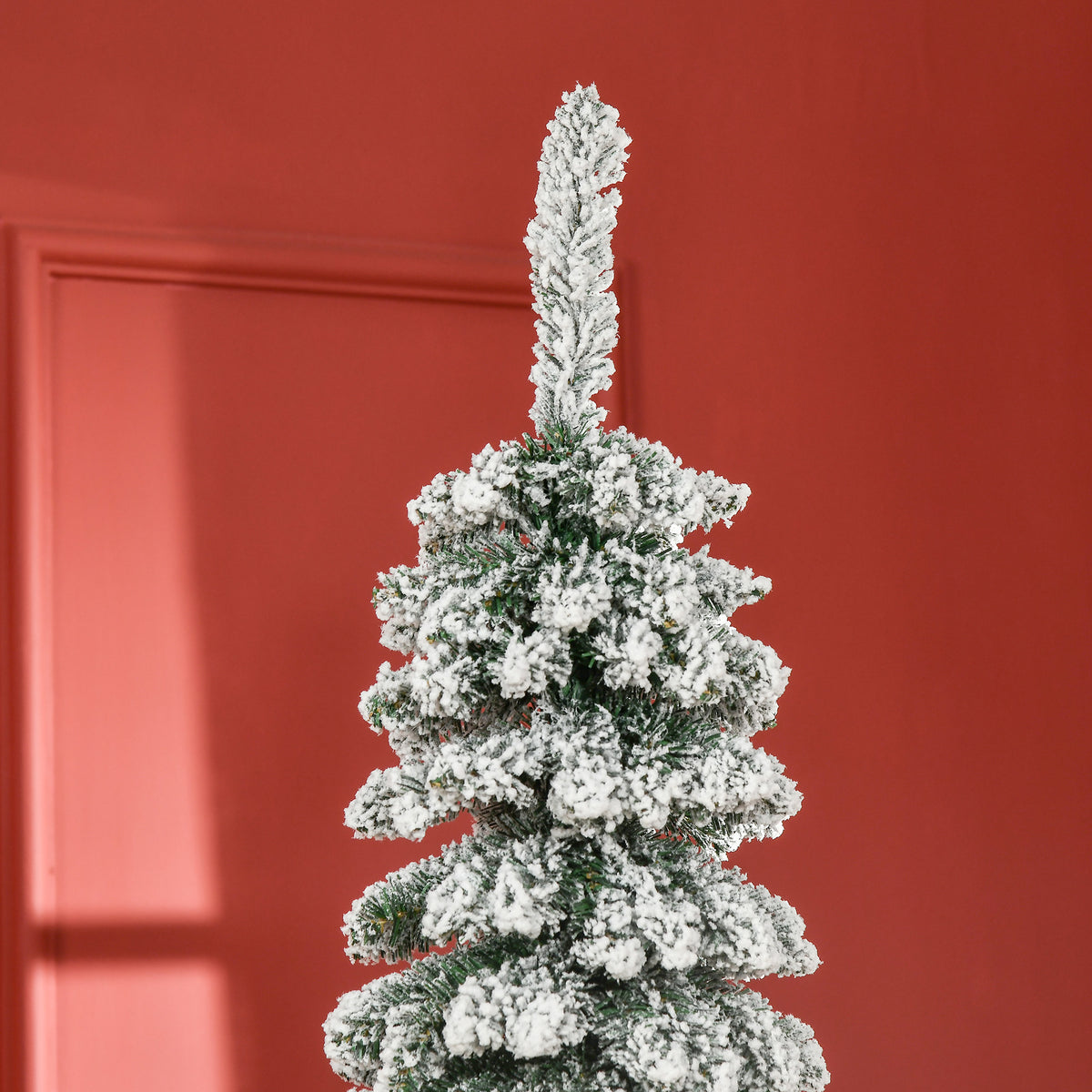 7' Tall Unlit Slim Pencil Xmas Tree, Snow-Flocked Artificial Christmas Tree with Realistic Branches and 603 Tips, Green