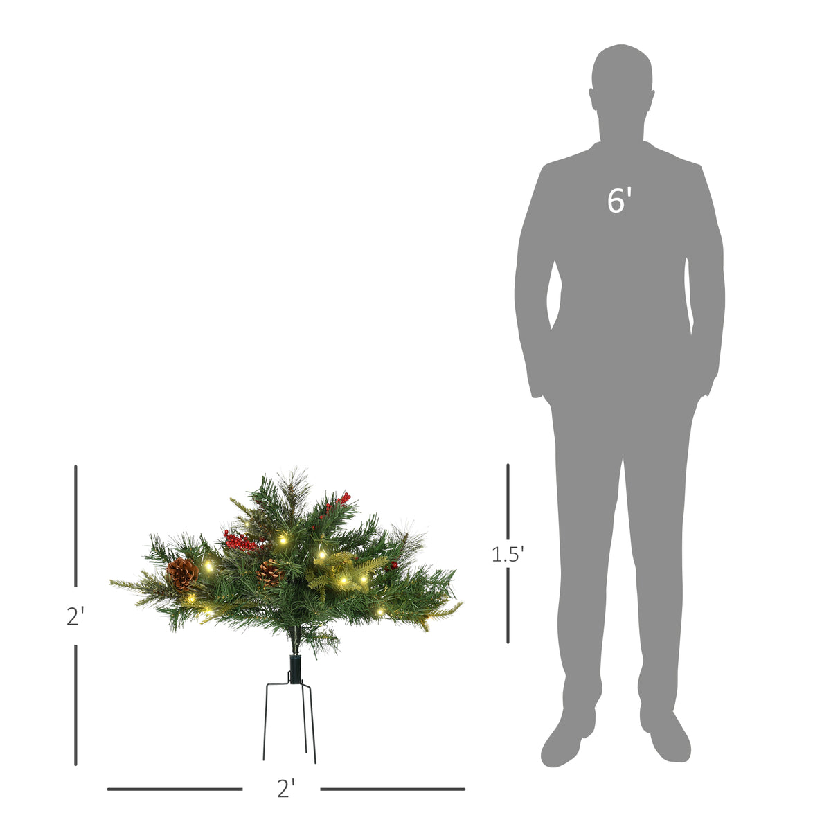 2 Ft/22 inch 2 Pack Prelit Artificial Christmas Tree Cordless with 69 Branches, Warm White LED Lights, Red Berries, Pine Cones, for Outdoor Entryway, Green
