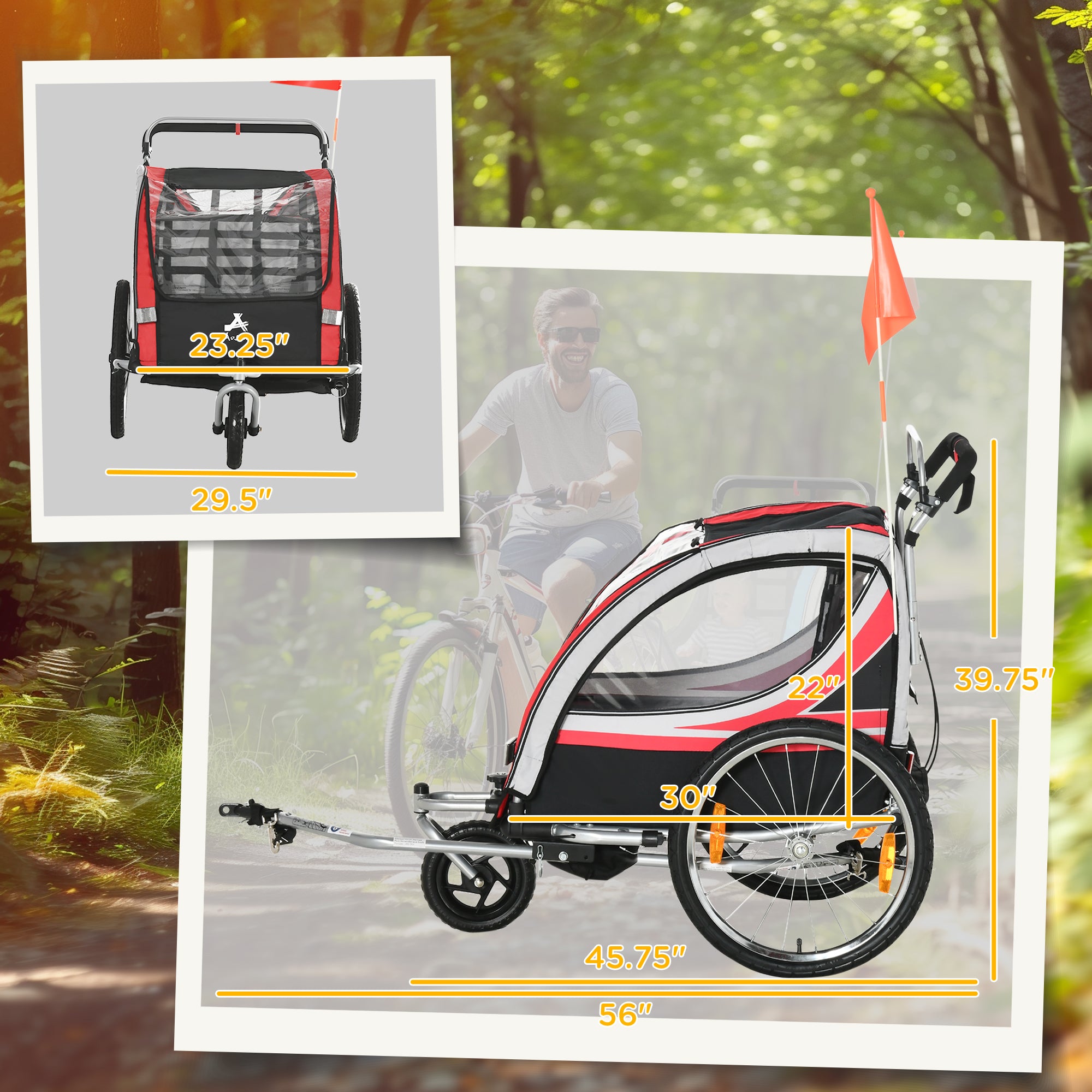 2-in-1 Walk/Ride Child Baby Bike Trailer for Kids 2 Seater, High-Visibility Bike Stroller for Toddler Wagon, Weather-Strong Double Bicycle Trailer Accessory, Red