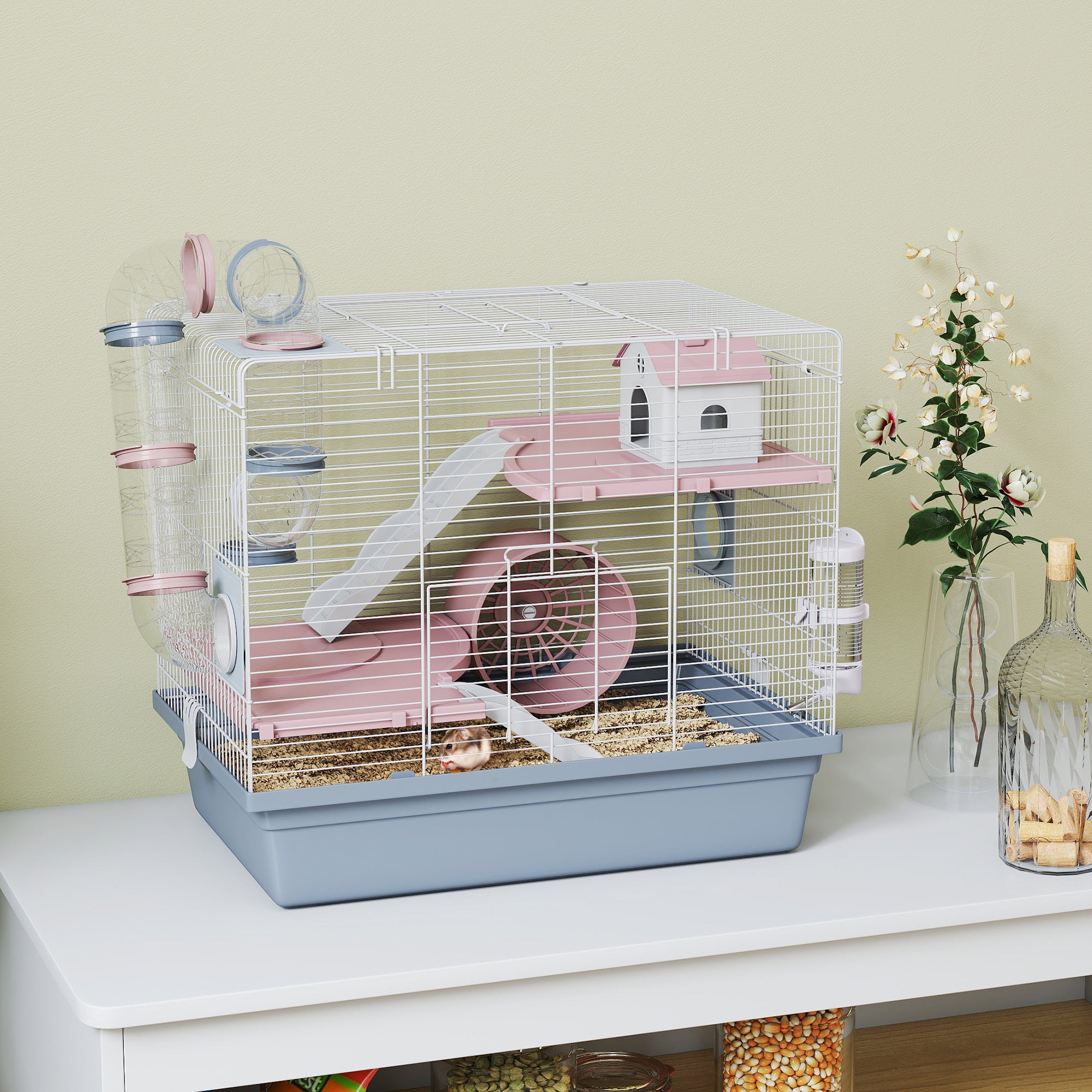 Hamster Cage, 3-Tier Small Animal Cage with Exercise Wheel, Food Bowl, Water Bottle, House, Tunnels, Ramps - Blue - Image 2