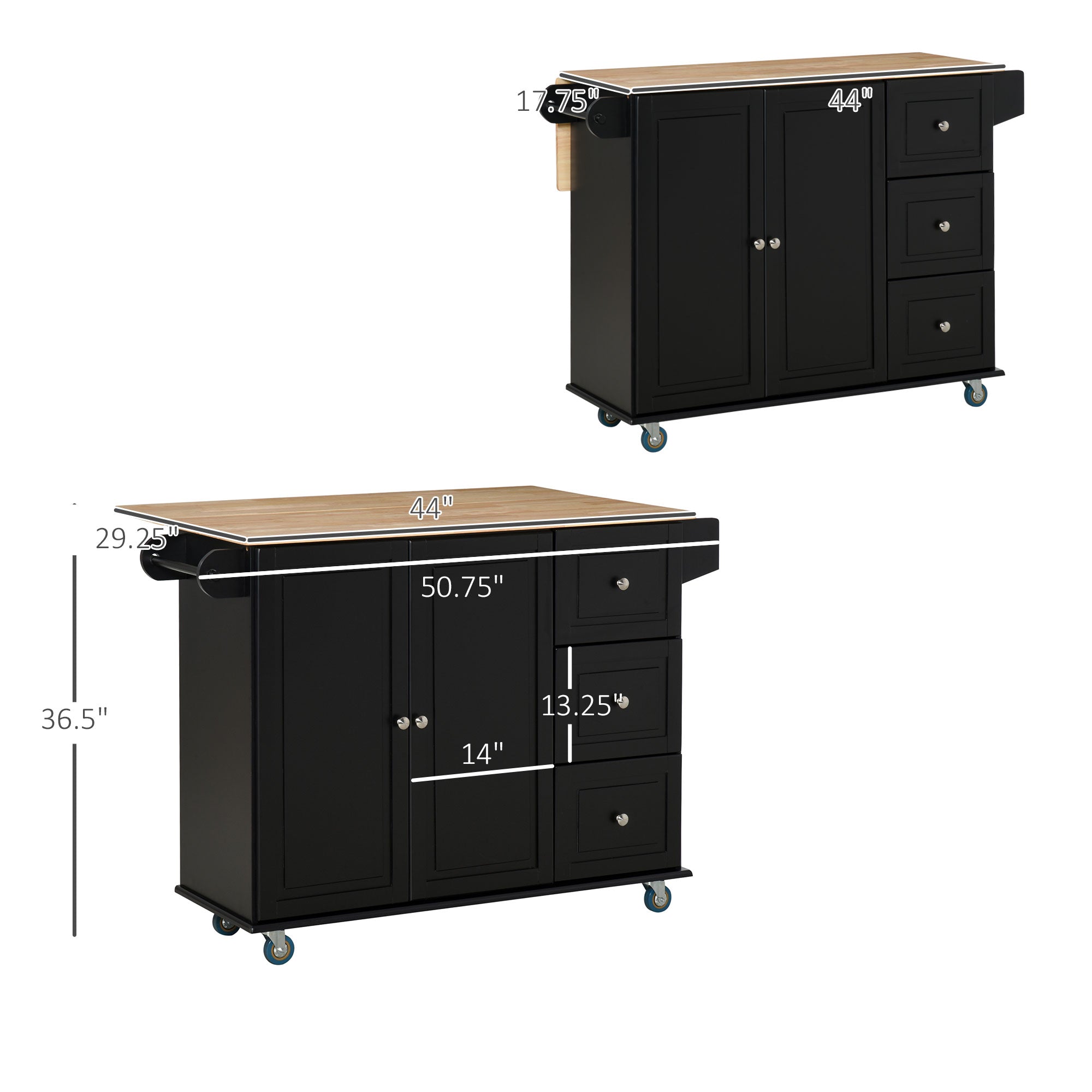 Storage Trolley Cart on Wheels, Mobile Kitchen Island with Drop Leaf, Towel/Spice Rack, 3 Drawers, 2-Door Cabinet, Black