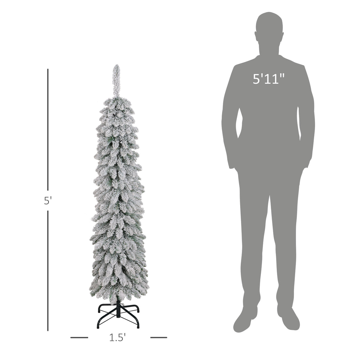5' Tall Unlit Slim Pencil Xmas Tree, Snow-Flocked Artificial Christmas Tree with Realistic Branches and 301 Tips, Green