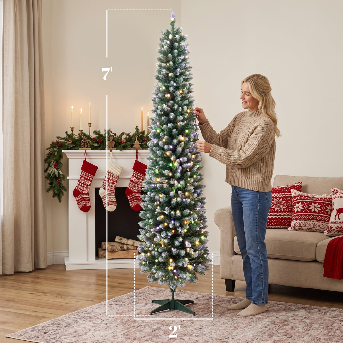 7ft Pencil Prelit Christmas Tree, Dual Color LEDs, Flocked, Remote, Slim Xmas Tree with 11 Modes, Green White