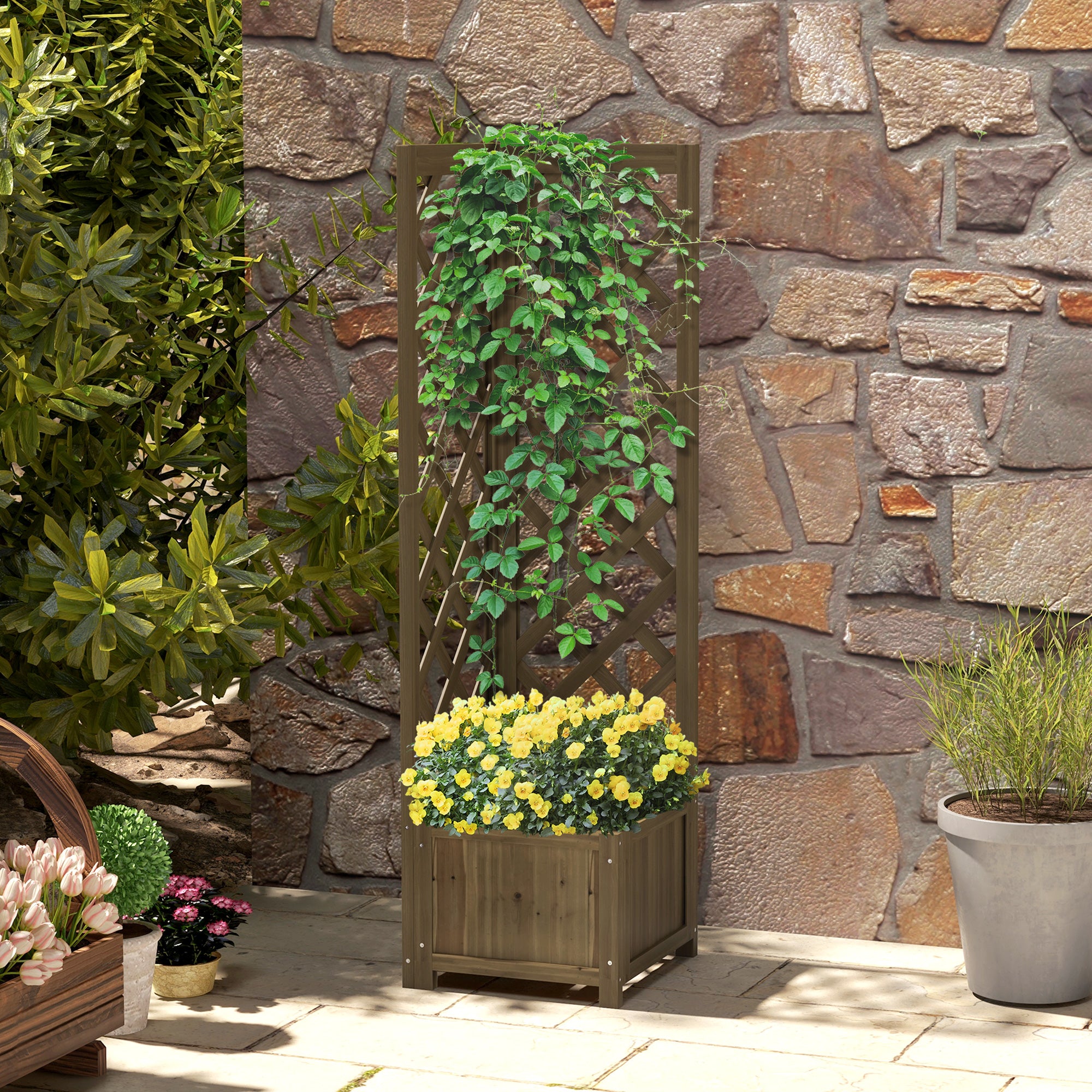 Wooden Raised Garden Bed, Planter with Trellis for Vine Climbing and Vegetables, Herbs and Flowers Growing, Carbonized - Carbonized - Image 2