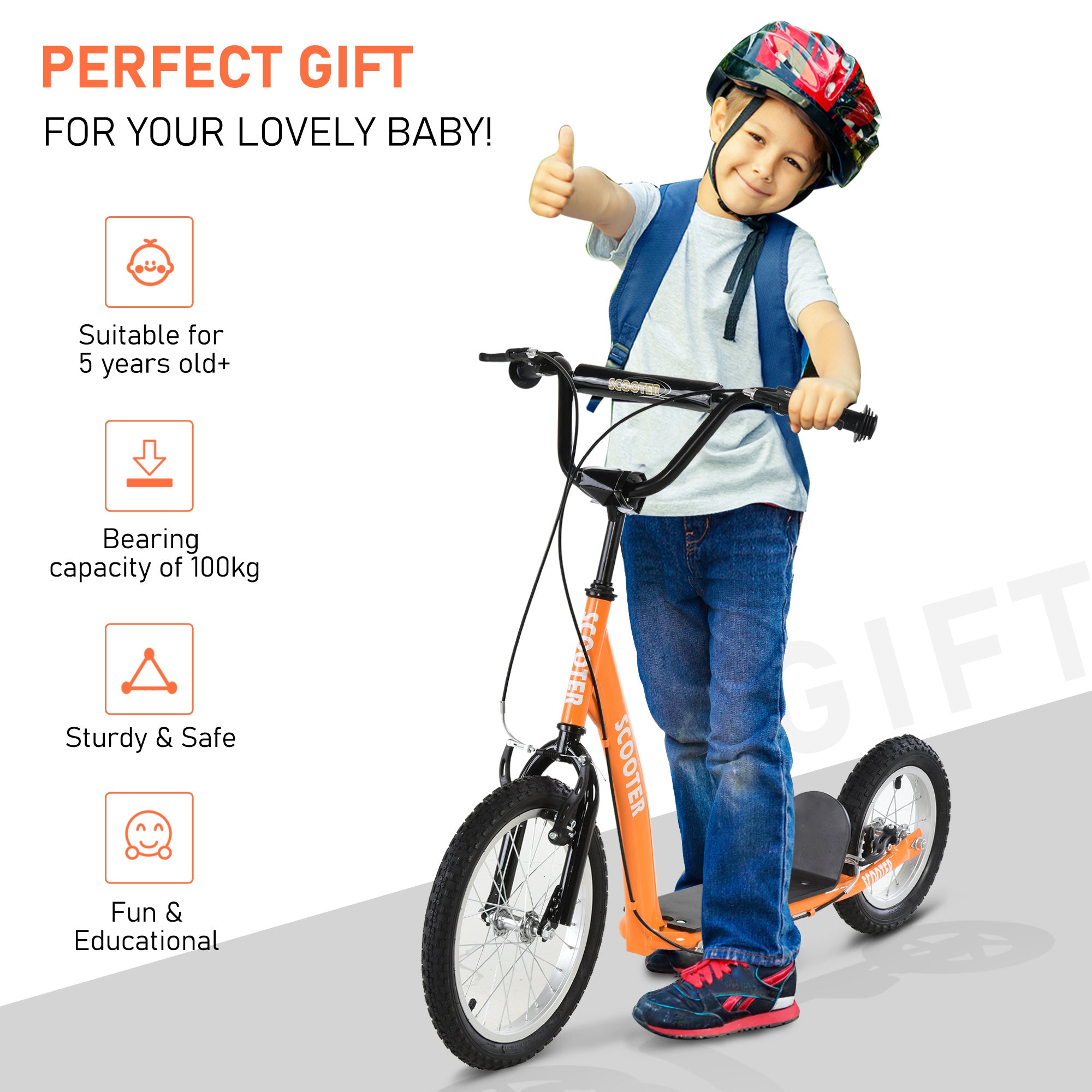Youth Scooter Kick Scooter for Kids 5+ with Adjustable Handlebar 16" Front and 12" Rear Dual Brakes Inflatable Wheels, Orange