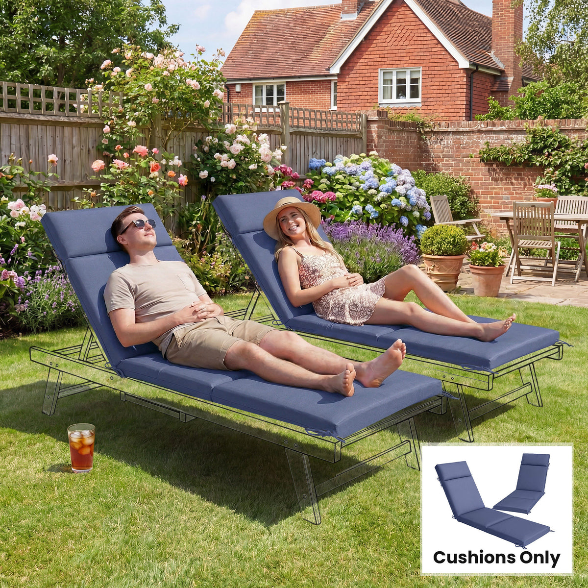 Outdoor Chaise Lounge Cushions Set of 2 with 6 Ties, High-Density Foam, for Patio and Poolside, Navy Blue