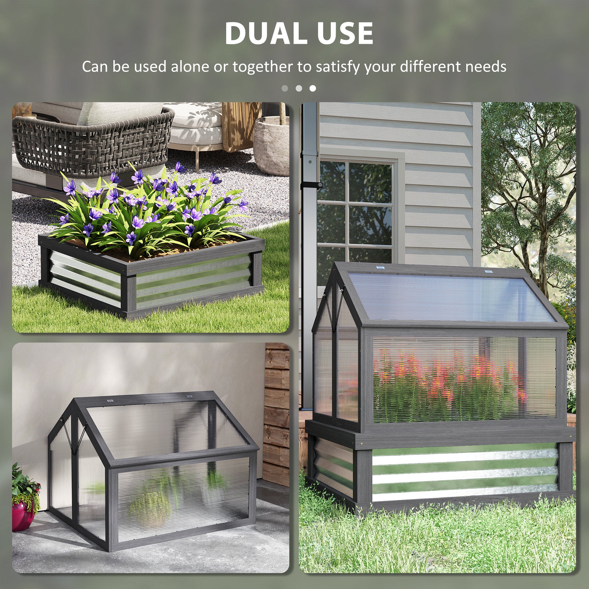 Raised Garden Flower Bed Kit with Greenhouse, Wooden Cold Frame Planter, 35.5" x 31.5" x 36", Gray - Gray - Image 4