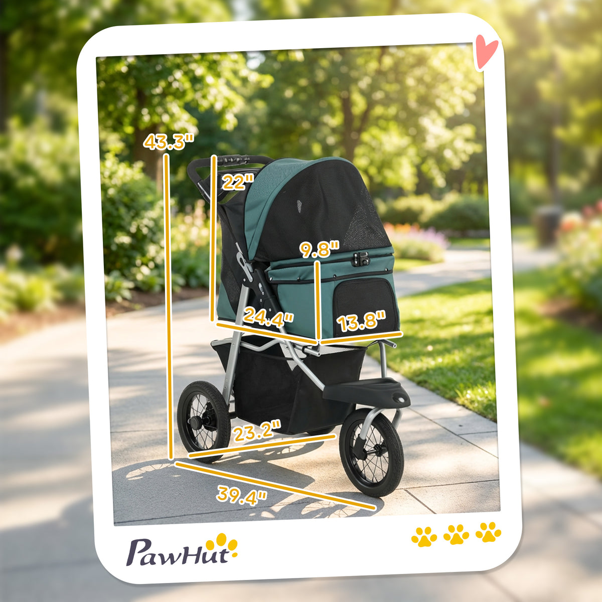 Dog Stroller, Foldable Dog Stroller with 12" Rubber Wheels for Small Dogs, Up to 22 LBS, Dark Green