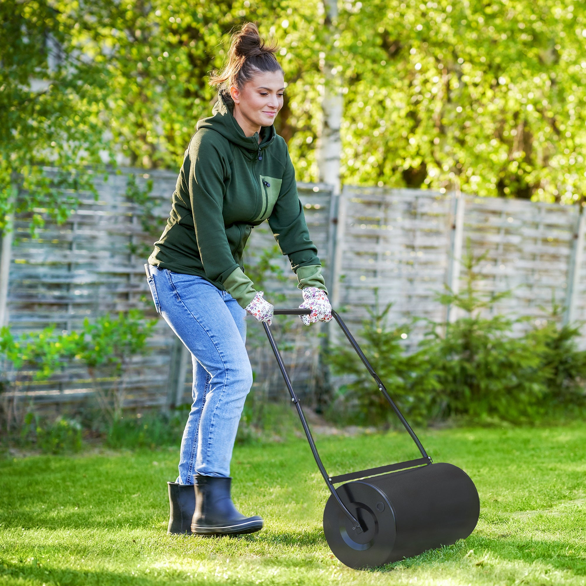 46L Lawn Roller, Push/Tow Behind Sod Roller with U Shaped Handle, Water Filled Yard Roller for Garden, Lawn, Backyard - Black - Image 2