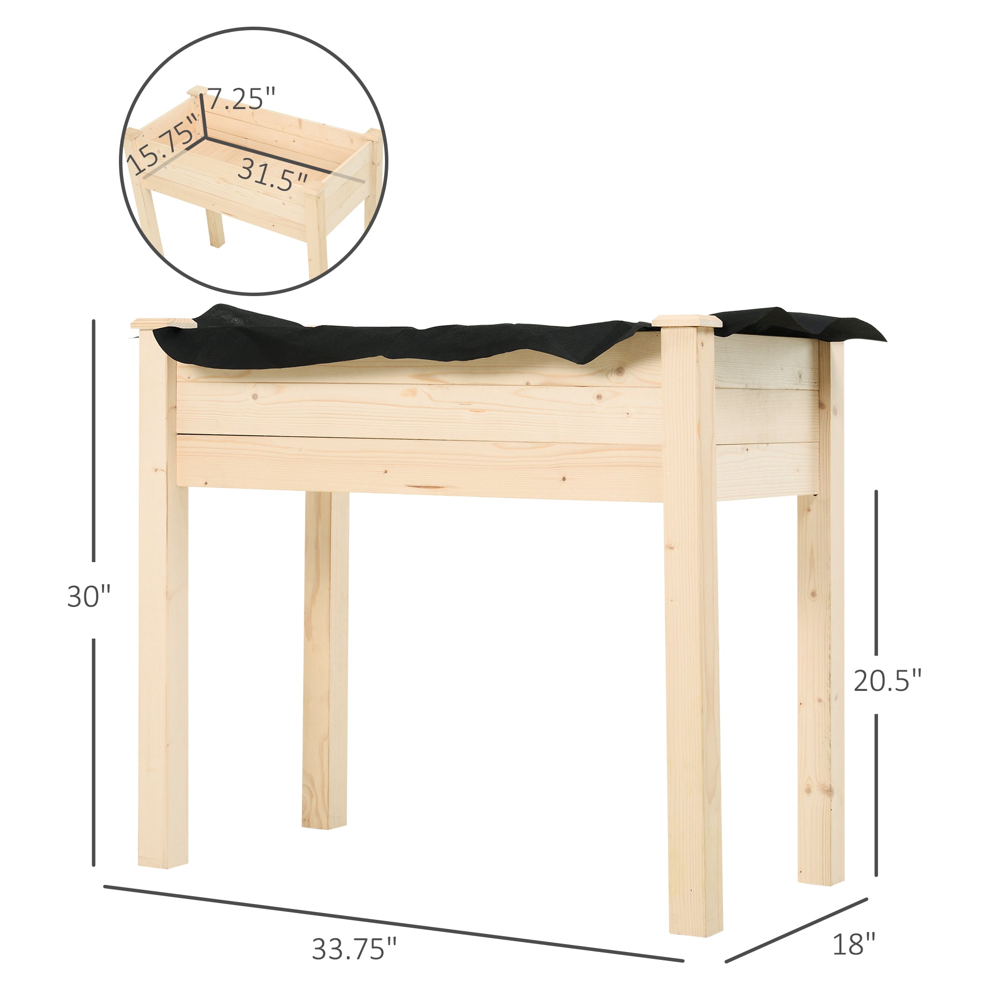 Raised Garden Bed with Legs, 34" x 18" x 30", Elevated Wooden Planter Box, Self-Draining with Bed Liner for Vegetables, Herbs, and Flowers Backyard, Patio, Balcony Use, Natural - Natural Wood - Image 3