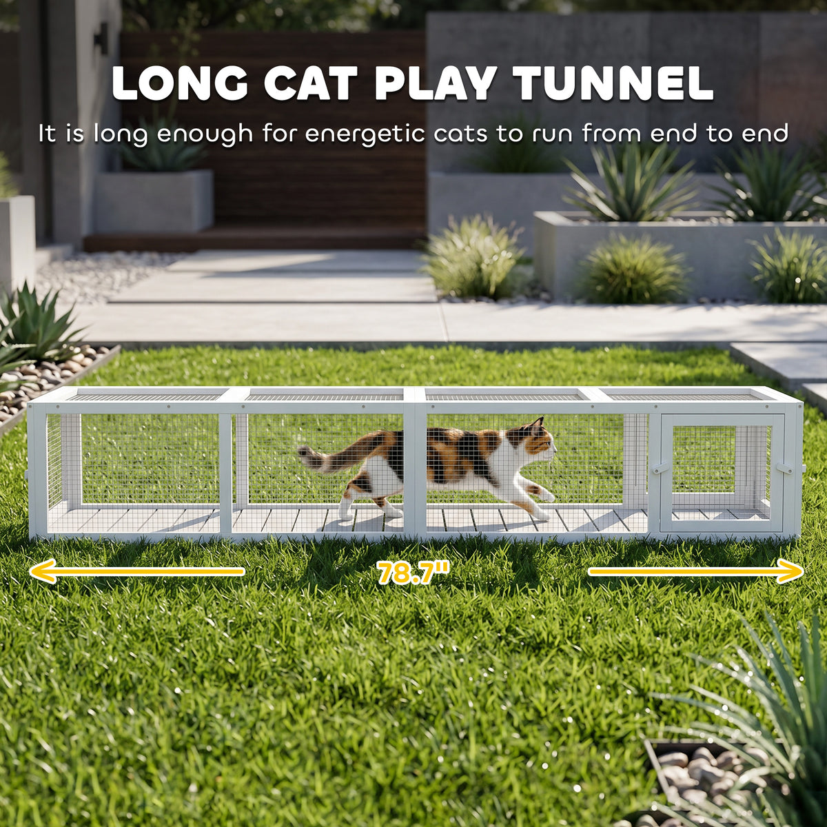 Wooden Cat Run with Weather Protection, Connecting Inside and Outside, 79"L x 15"W x 15"H, White
