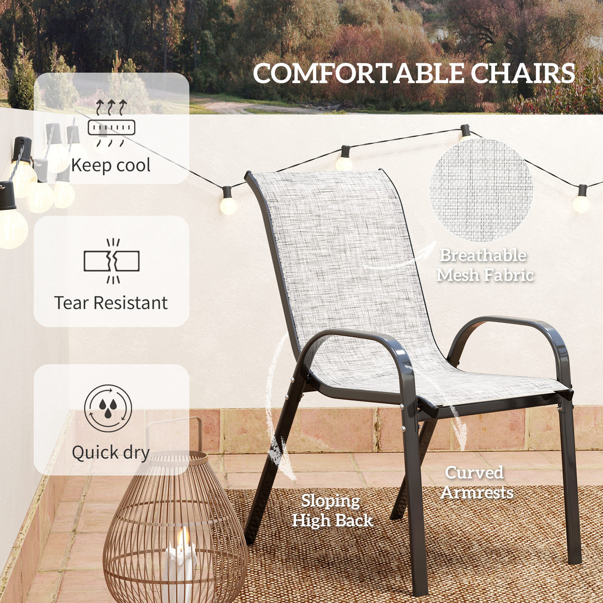 3 Pieces Bistro Set, Small Patio Furniture Set with Stackable Chairs and Glass Table for Backyard, Balcony, Gray