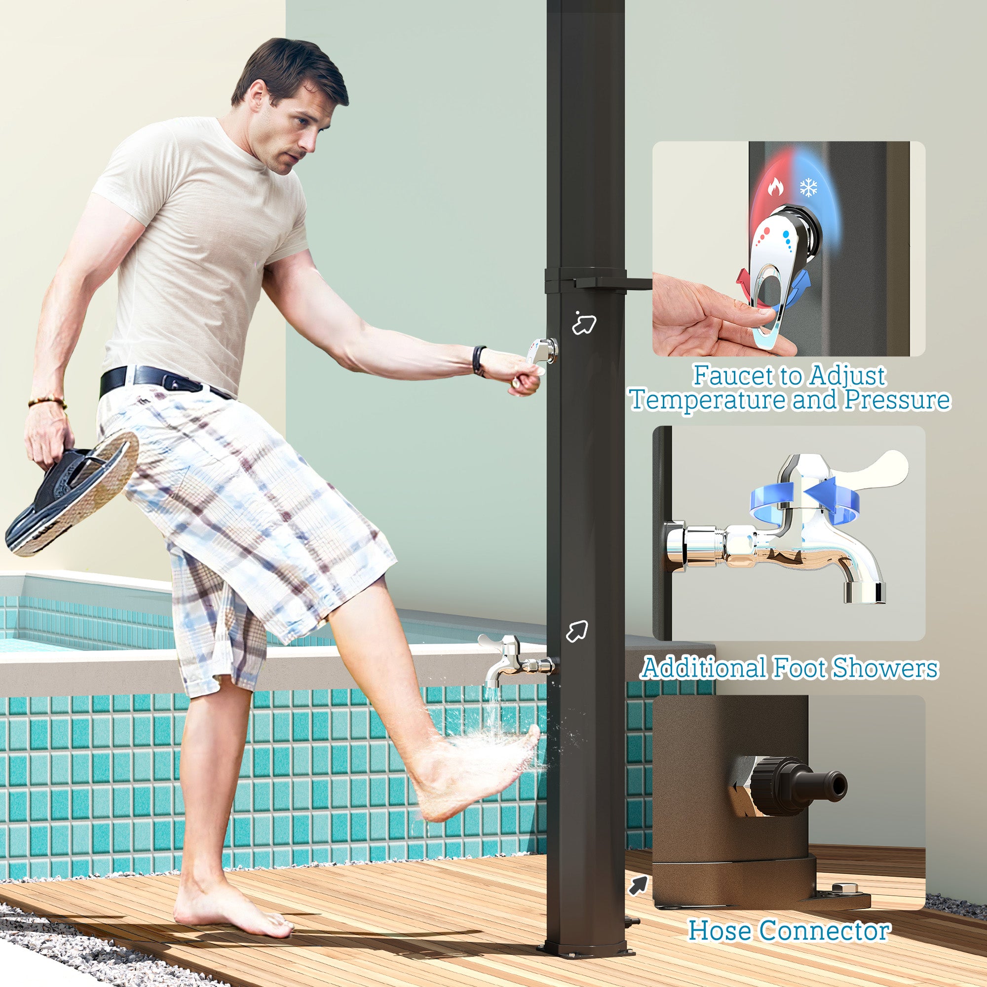 7.1FT Slolar Heated Outdoor Shower, 9.2 Gallon Outdoor Solar Shower for Backyard, Poolside, Beach, Spa