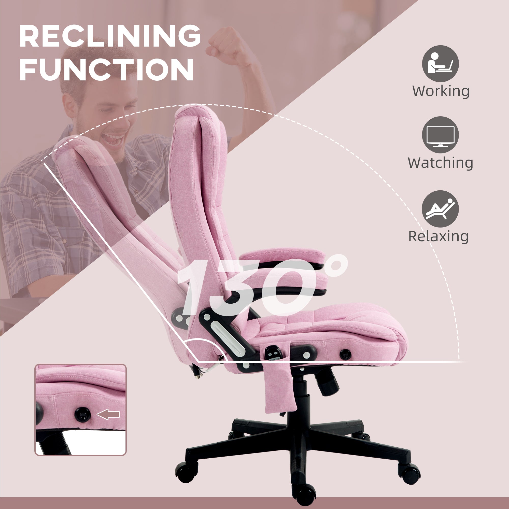 6 Point Vibrating Massage Office Chair with Heat, Linen High Back Massage Desk Chair with Reclining Backrest, Pink