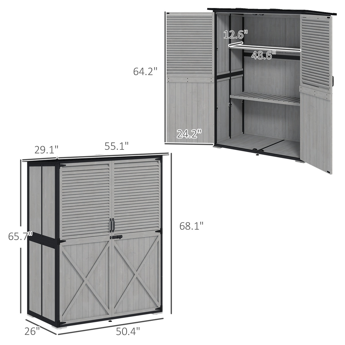 Wood Storage Shed, Outdoor Garden Shed with Asphalt Roof, 2 Shelves, Lockable Doors and Adjustable Feet, Gray