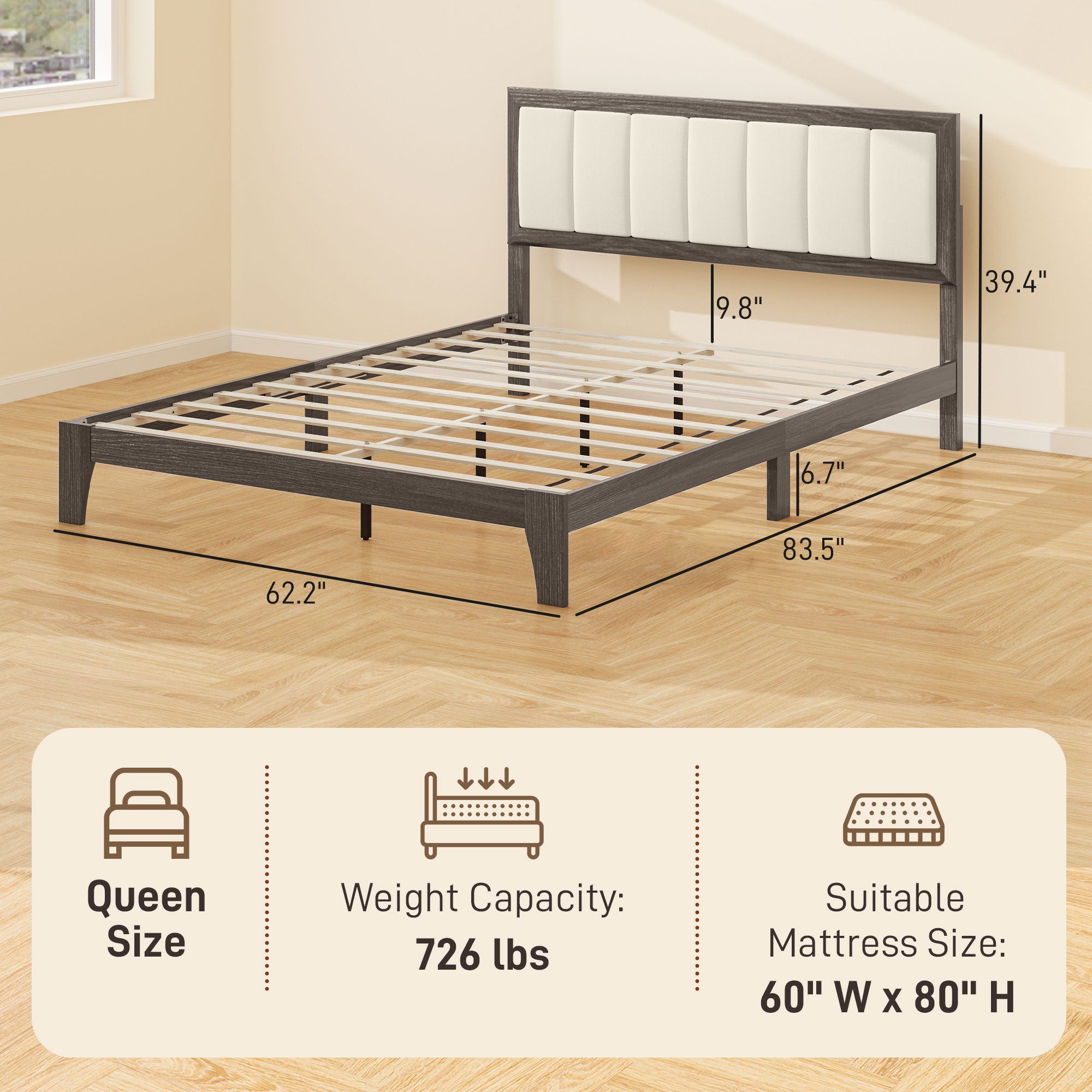 Queen Size Bed Frame with Headboard, Platform Bed Frame with Wooden Slats No Box Spring Needed Charcoal Gray